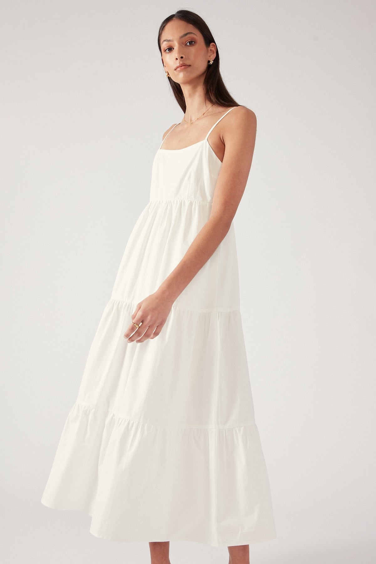 White Tiered Open Back Midi Dress