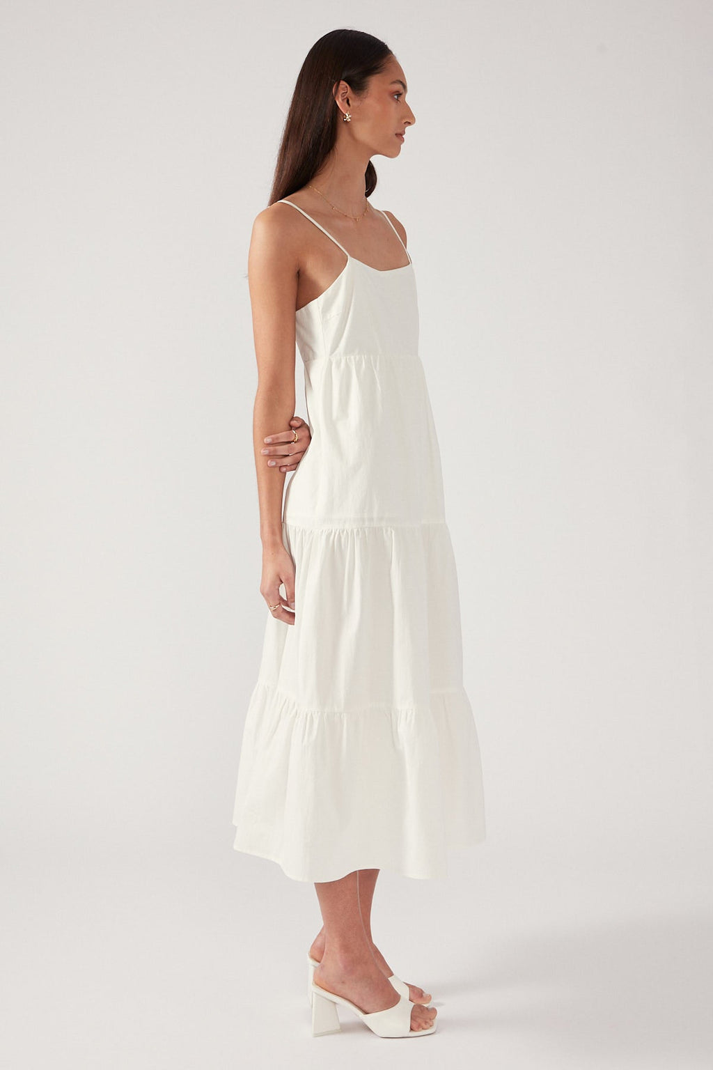 White Tiered Open Back Midi Dress