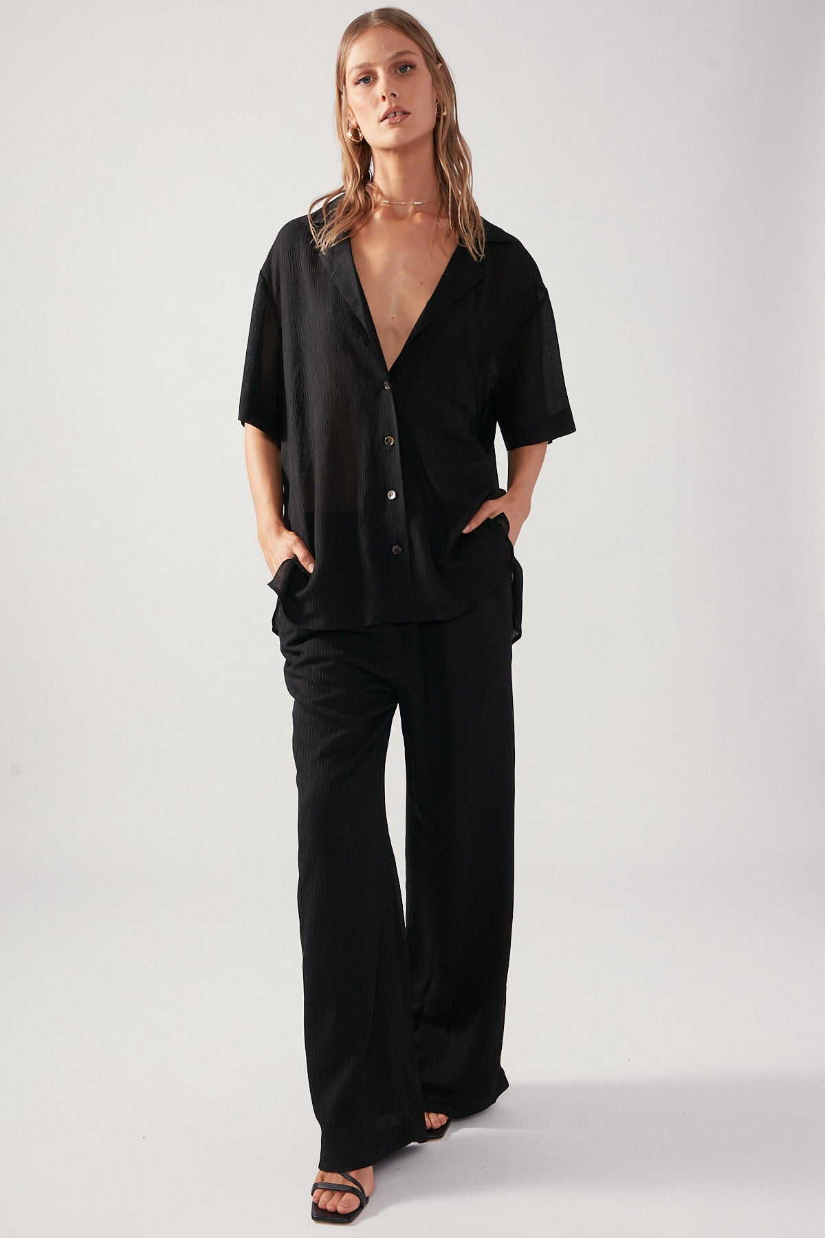 Black Textured Crinkle Pants