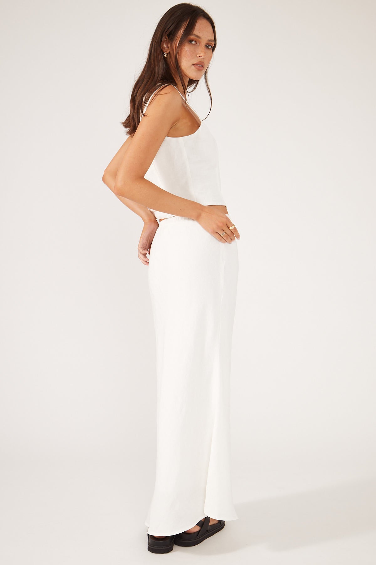 White Drawcord Midi Skirt