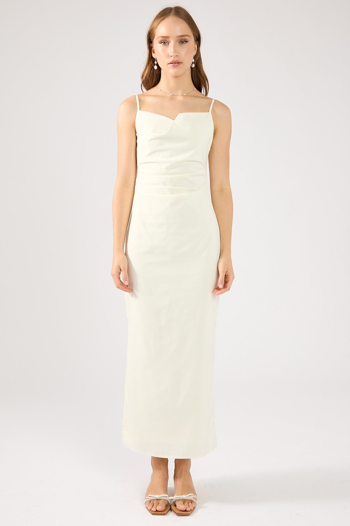 Cream Gathered Midi Dress
