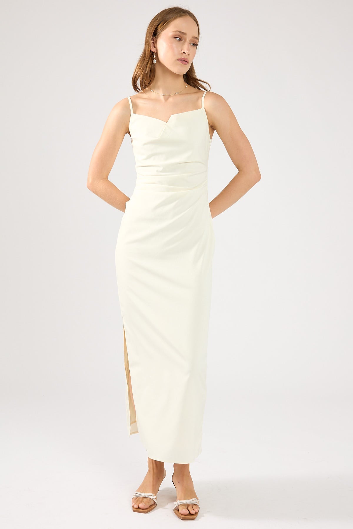 Cream Gathered Midi Dress