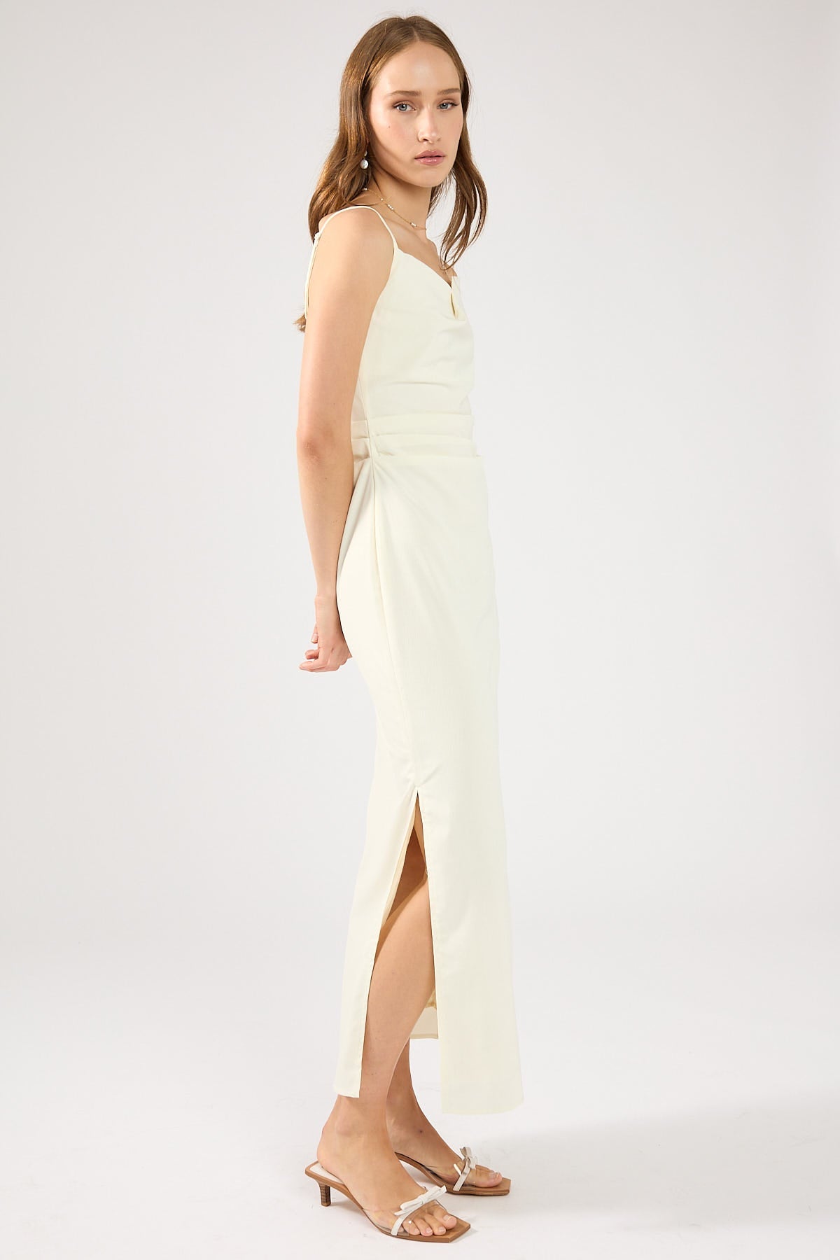 Cream Gathered Midi Dress