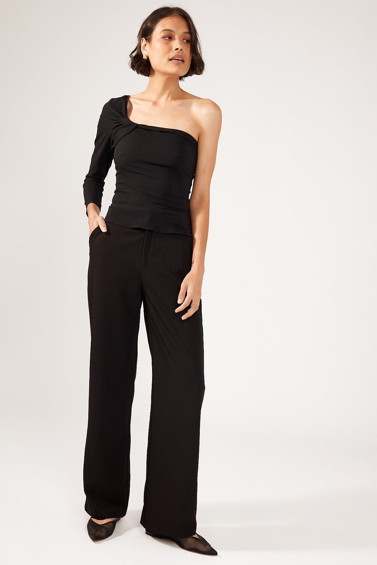 Black Tucked Asymmetrical Top