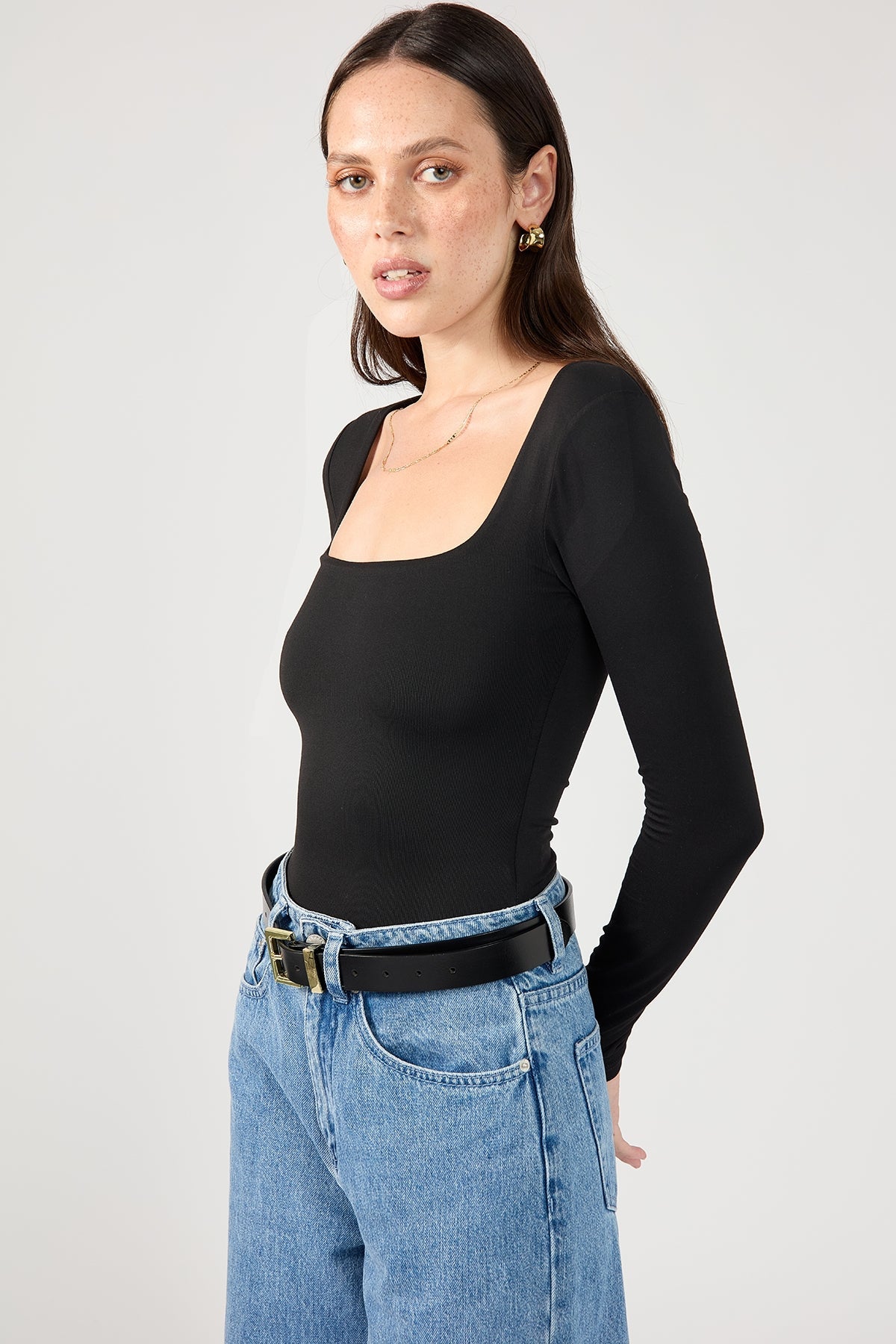 Scoop Neck Long Sleeve Top Black