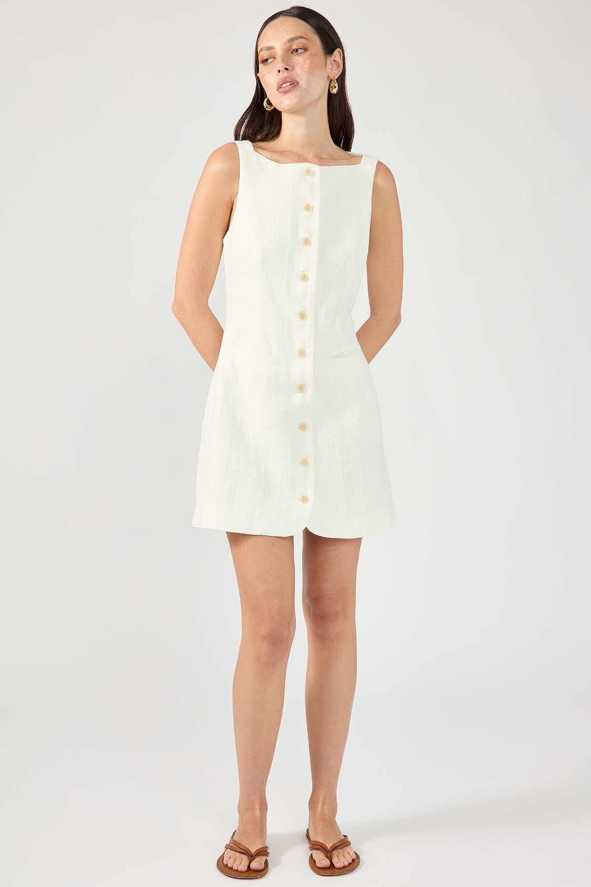 White High-Neck Button-Up Linen Mini Dress