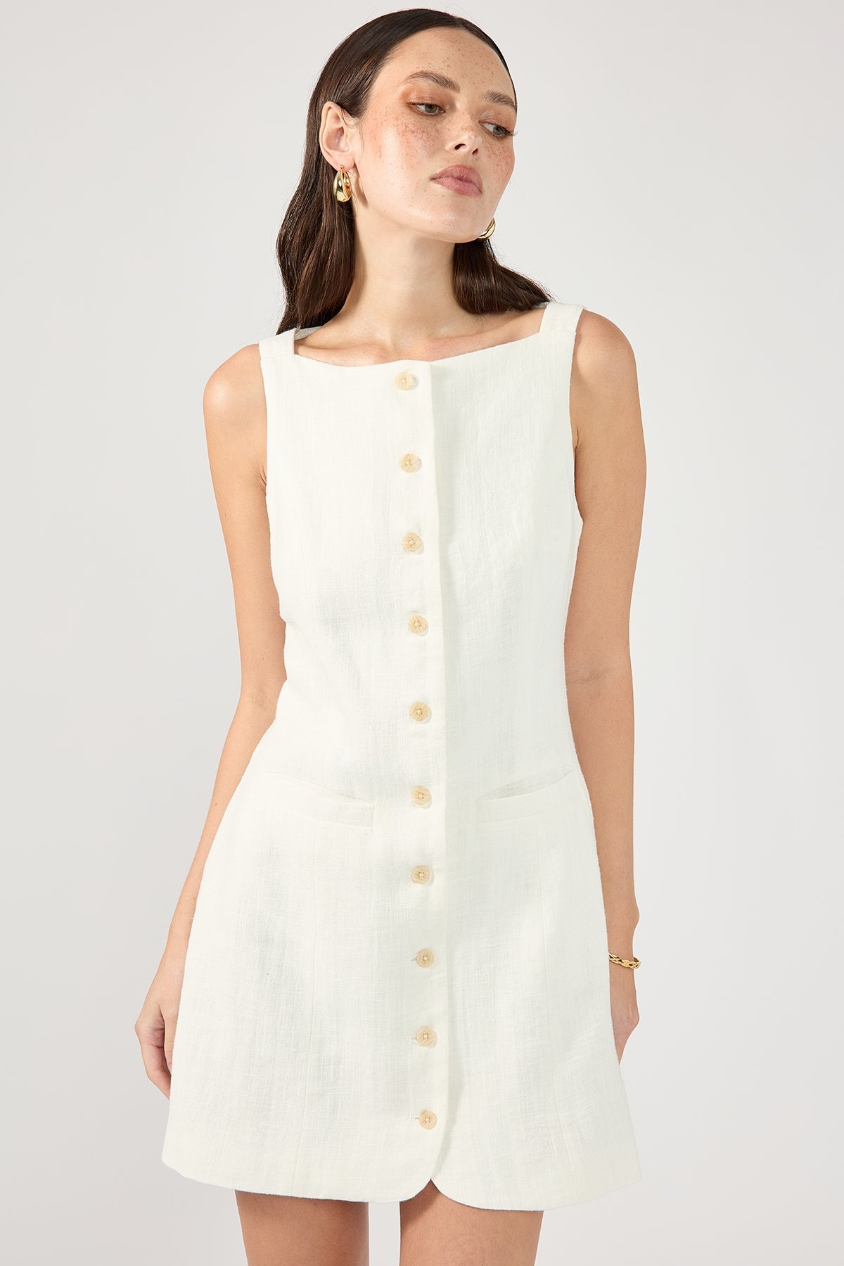 White High-Neck Button-Up Linen Mini Dress