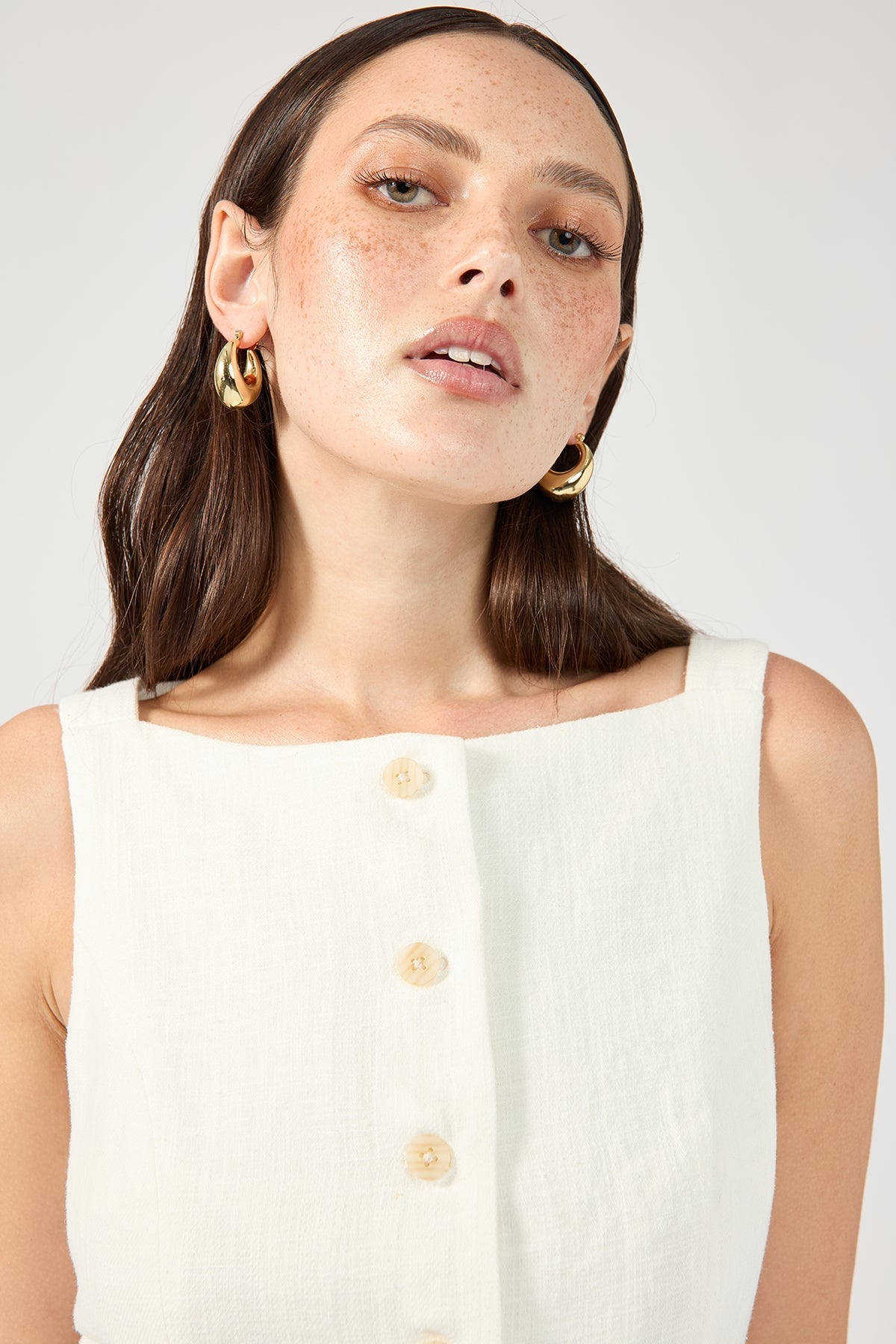 White High-Neck Button-Up Linen Mini Dress