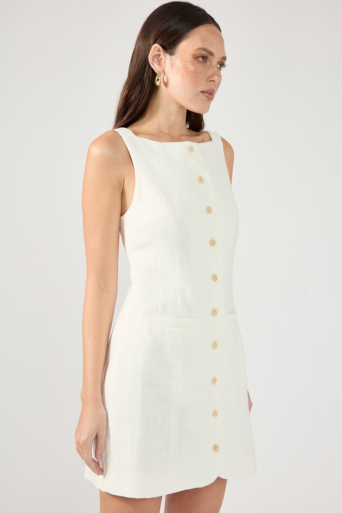 White High-Neck Button-Up Linen Mini Dress