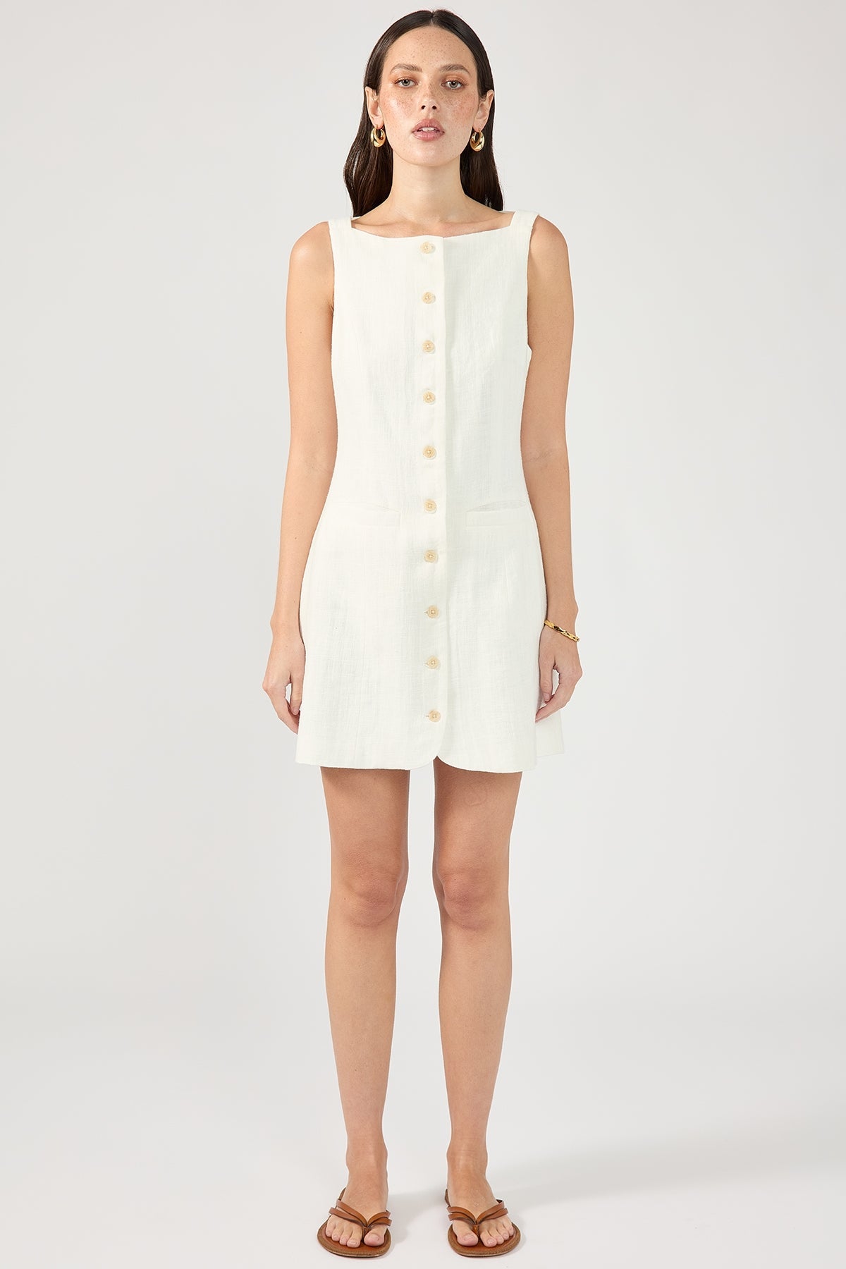 White High-Neck Button-Up Linen Mini Dress