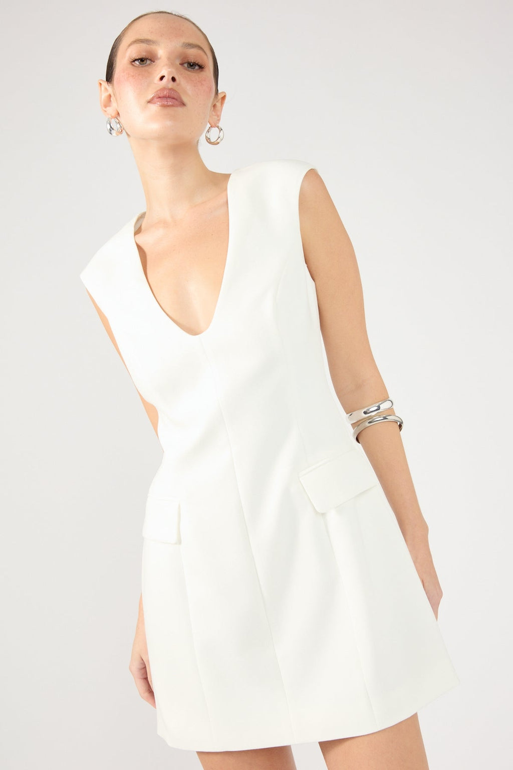 Cream V-Neck Tailored Mini Dress