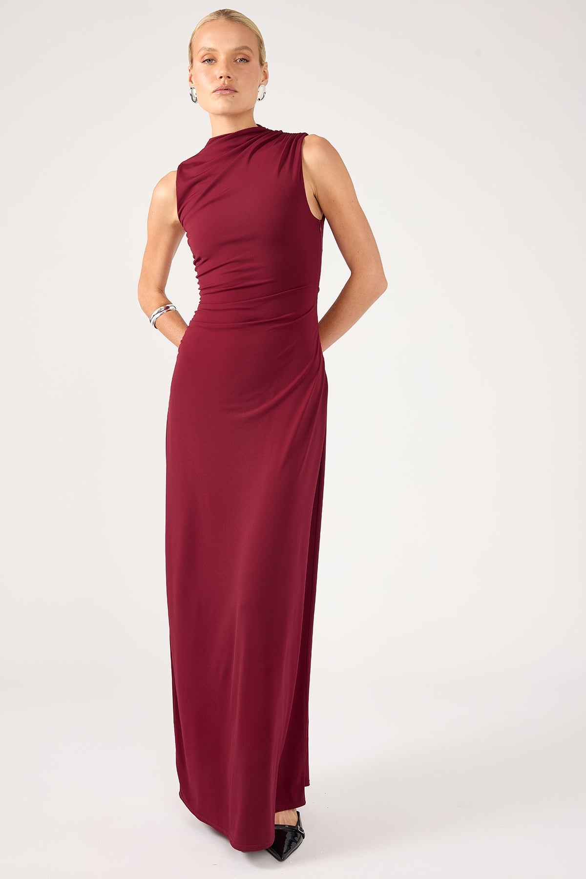 Burgundy Rosewood High Neck Maxi Dress