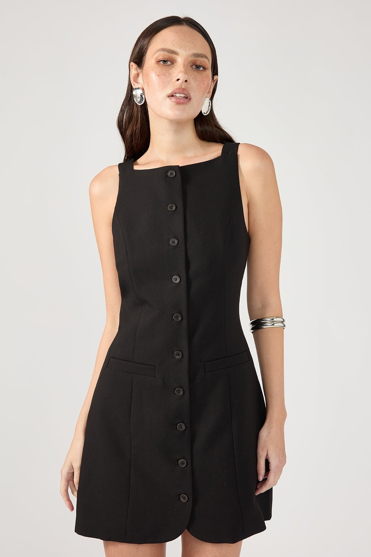 Black Button-Up High Neck Dress