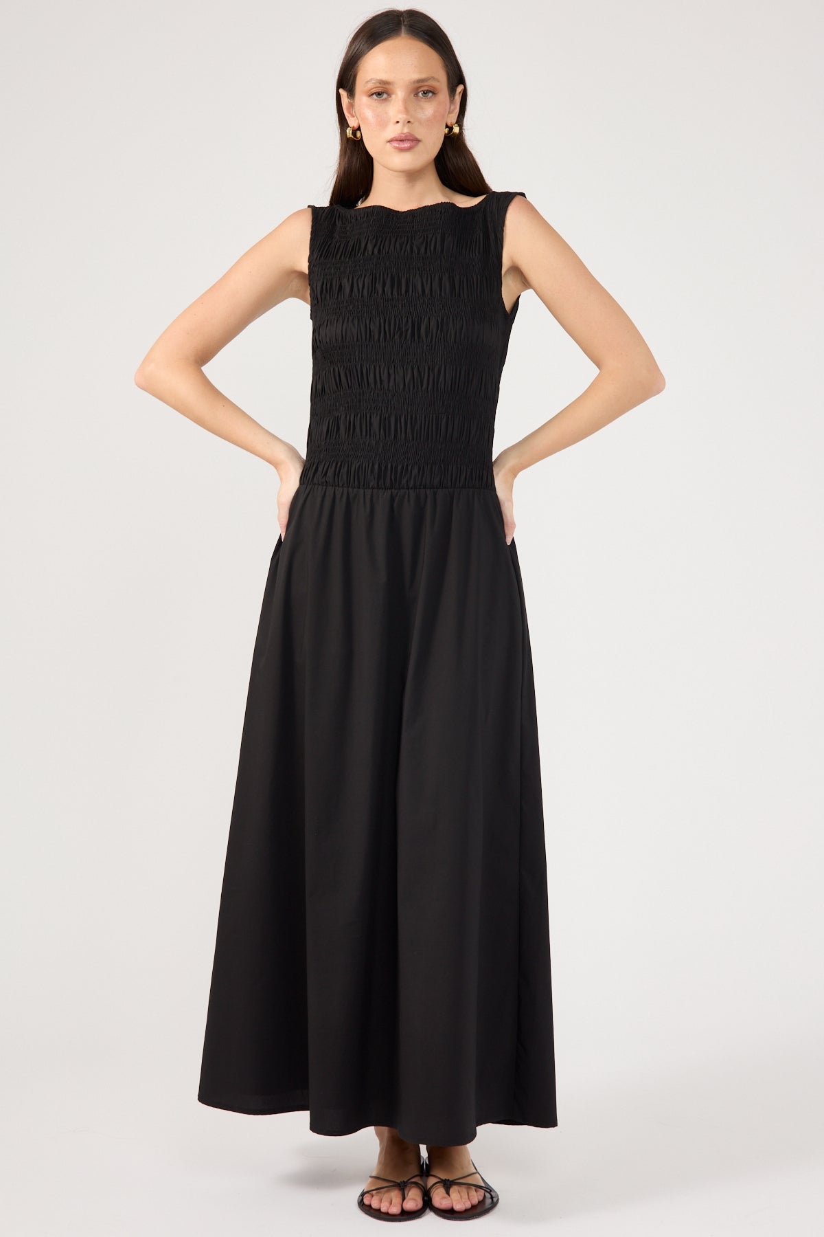 Black Shirred High Neck Midi Dress