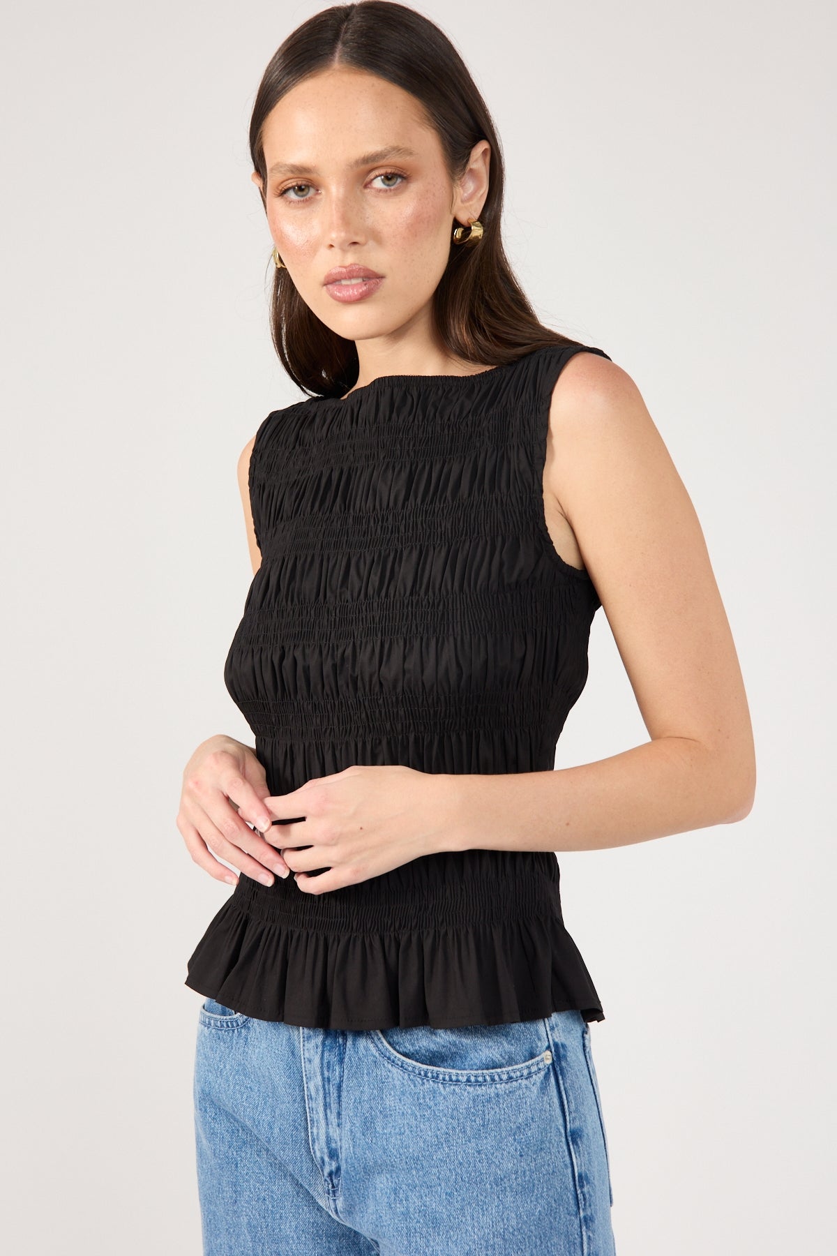 Black Shirred High Neck Top