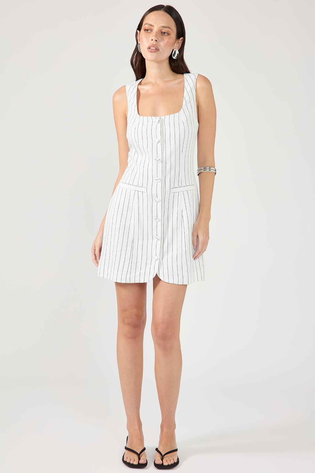 White Stripe Linen Square Neck Mini Dress