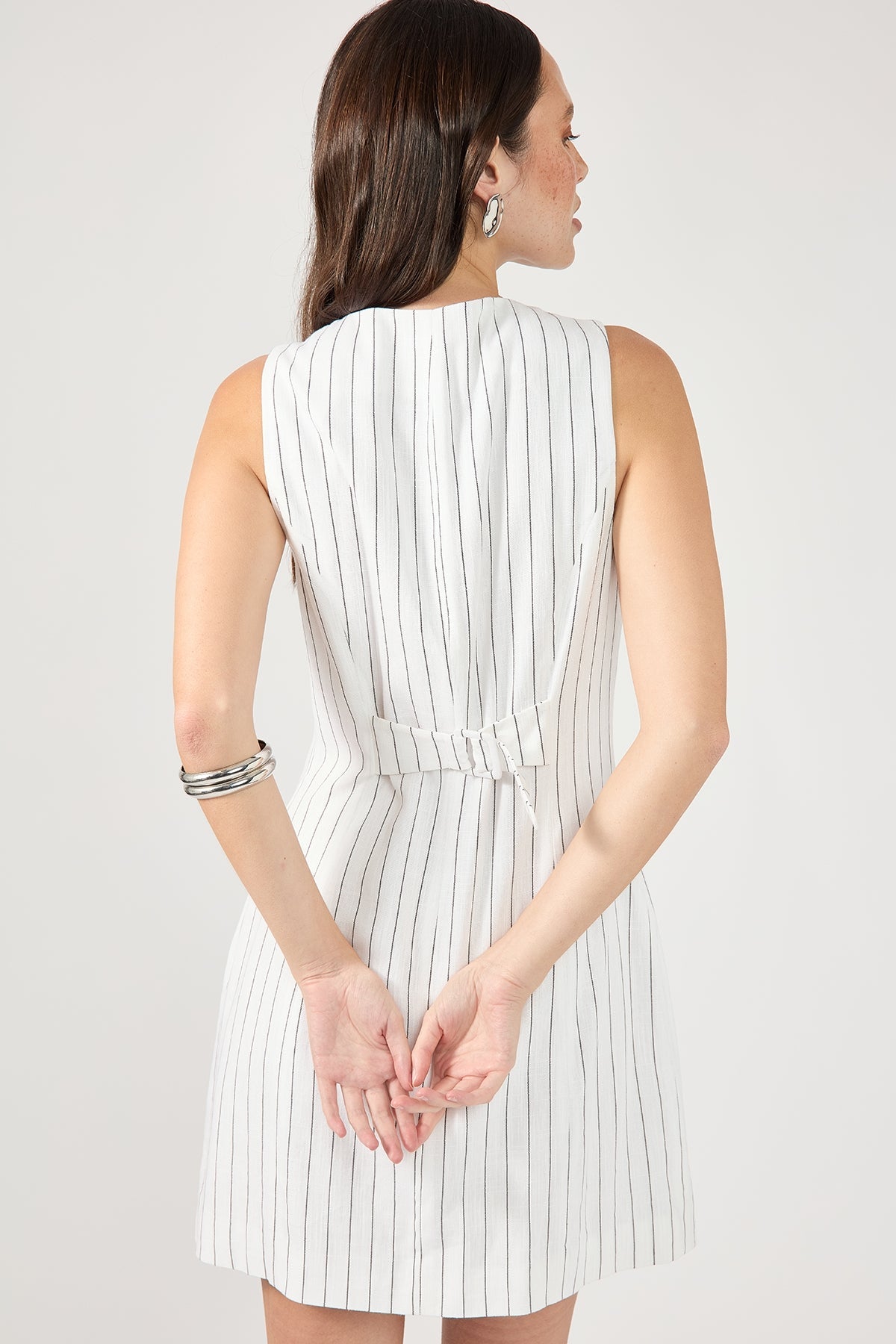 White Stripe Linen Square Neck Mini Dress