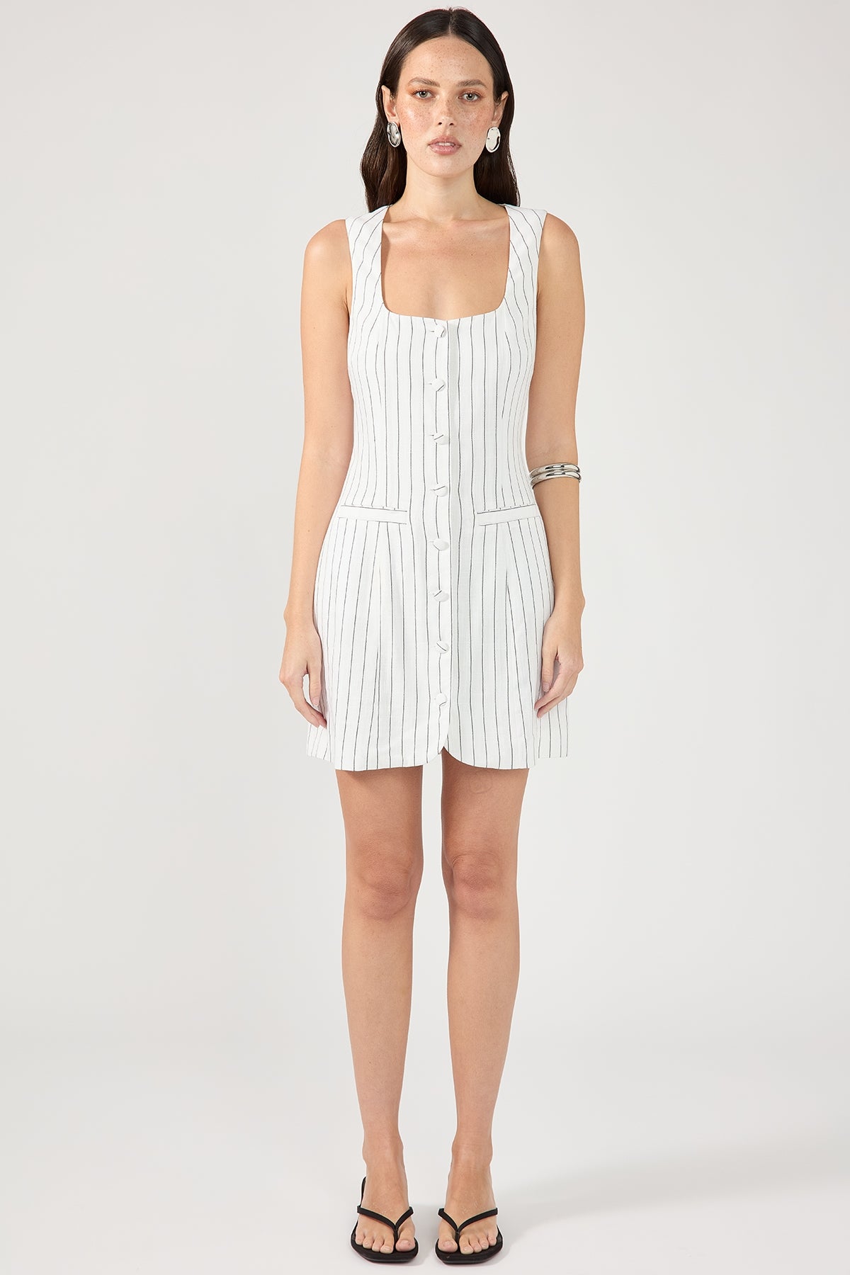 White Stripe Linen Square Neck Mini Dress