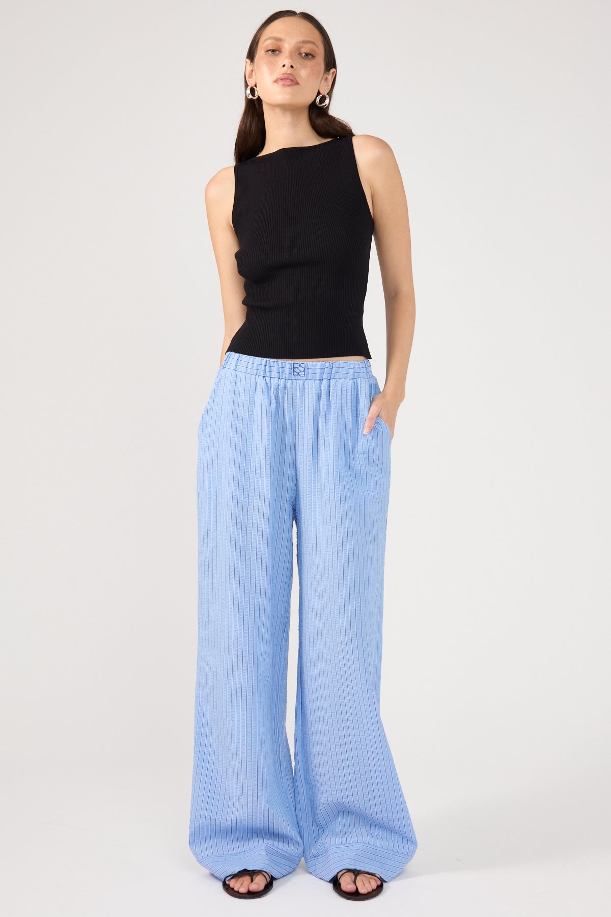 Blue Striped Straight-Leg Pants