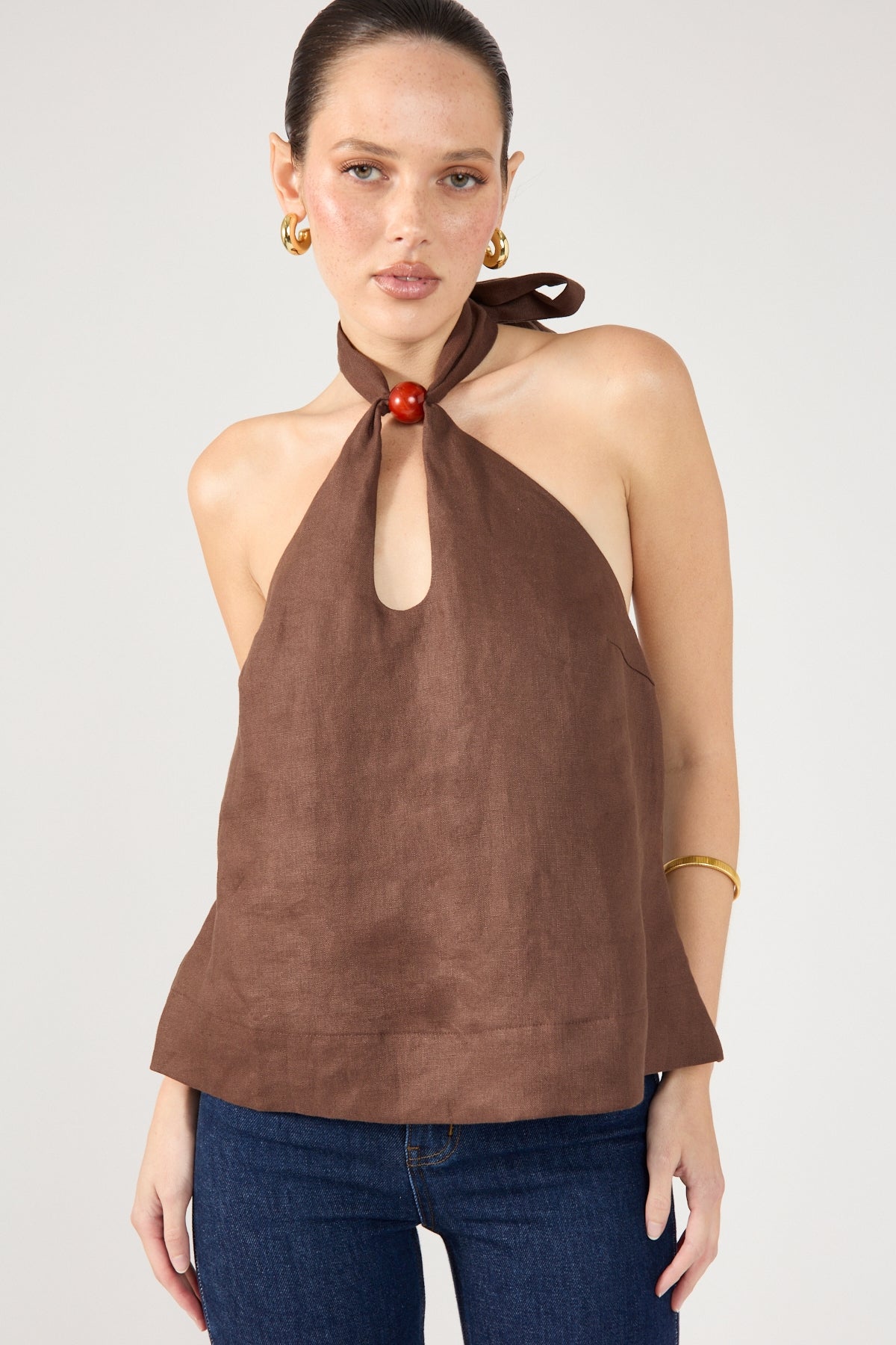 Amber Tie Linen Top Brown