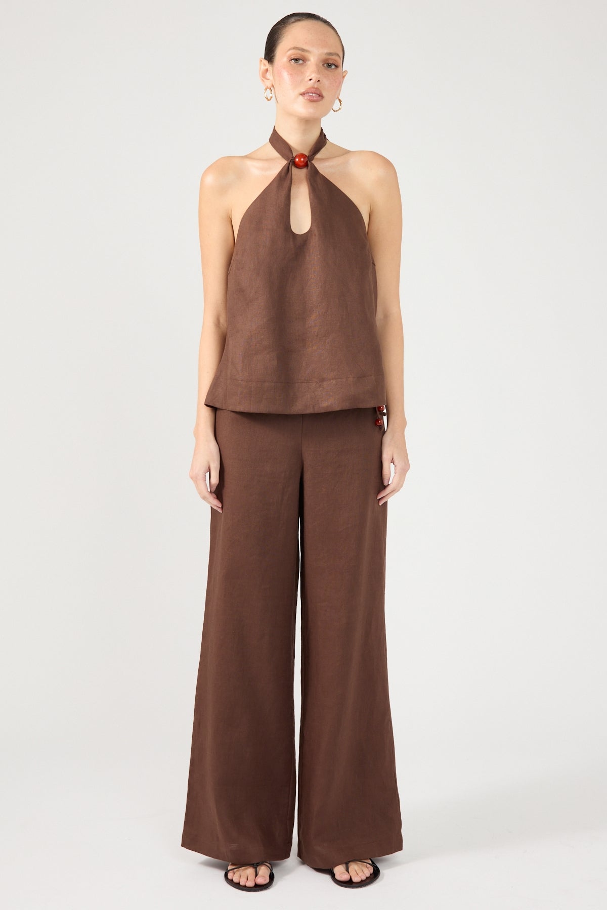 Amber Tie Linen Top Brown