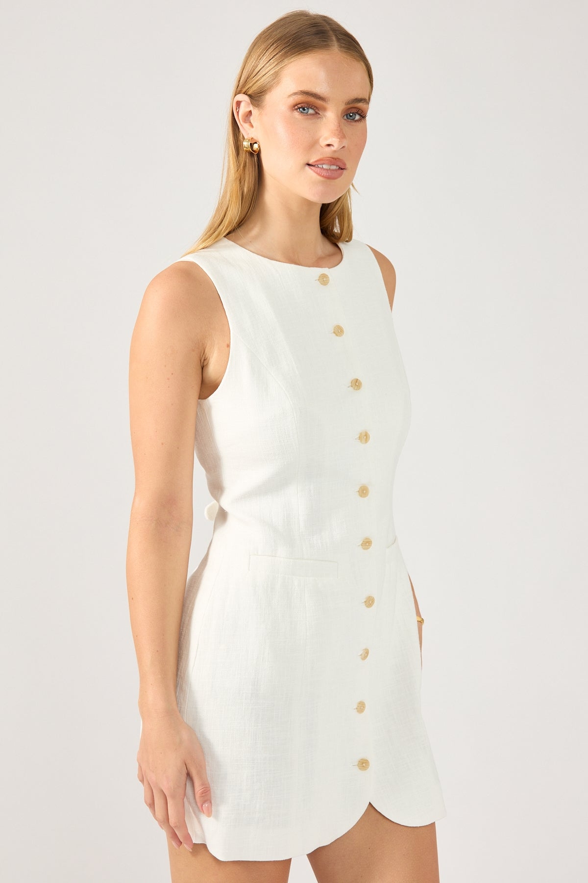 White Linen High Neck Mini Dress