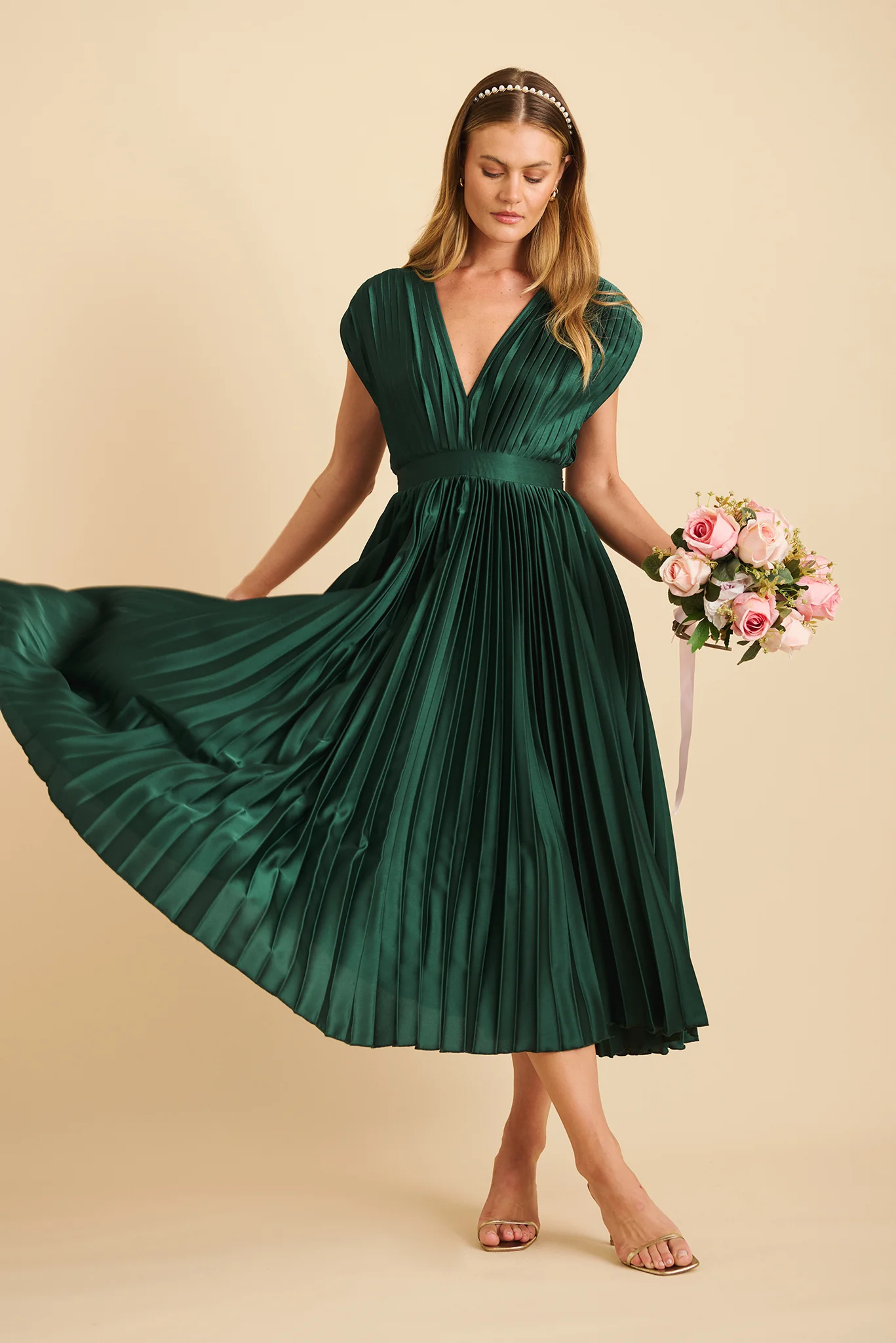 Pleated Emerald Satin Midi Dress