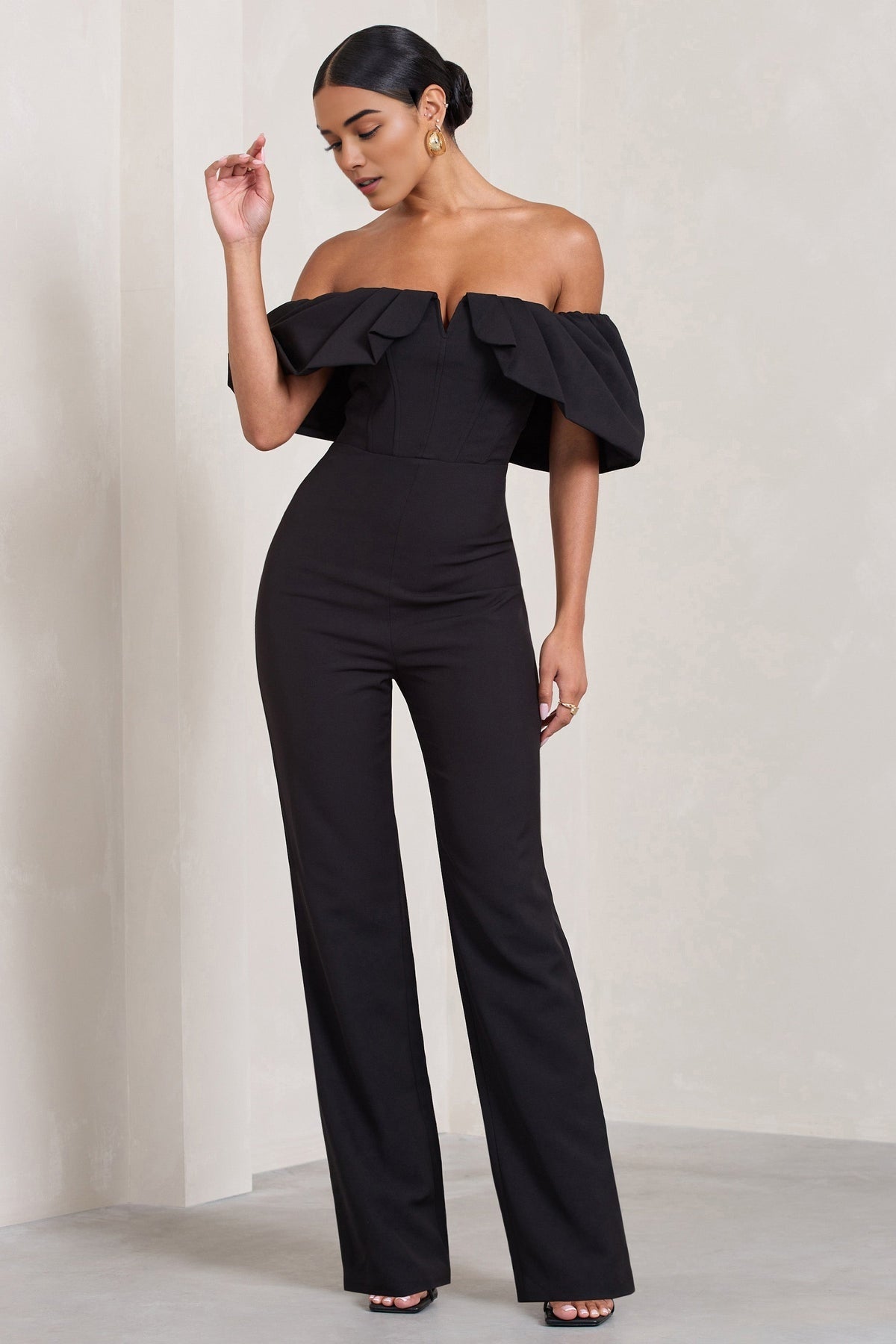 Black Off-The-Shoulder Wide-Leg Jumpsuit