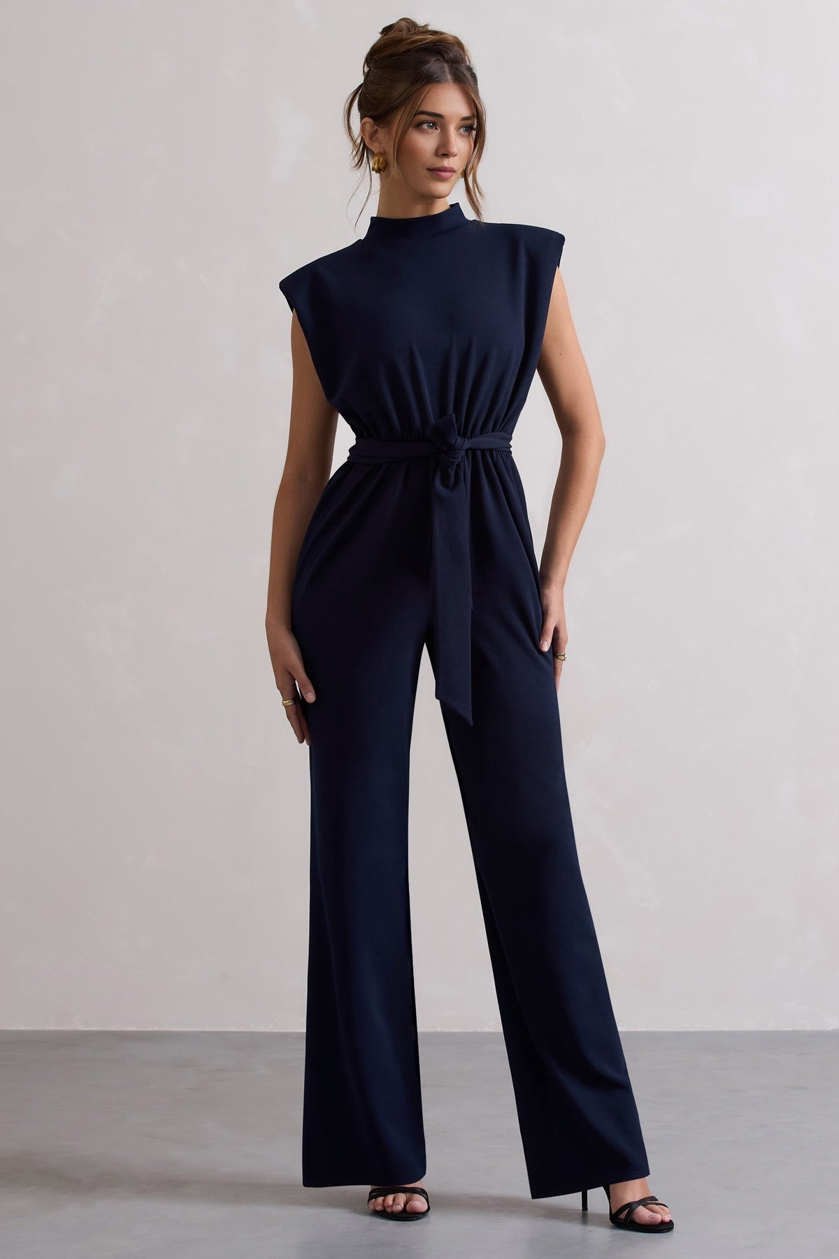 Navy High-Neck Wide-Leg Jumpsuit with Belted Waist