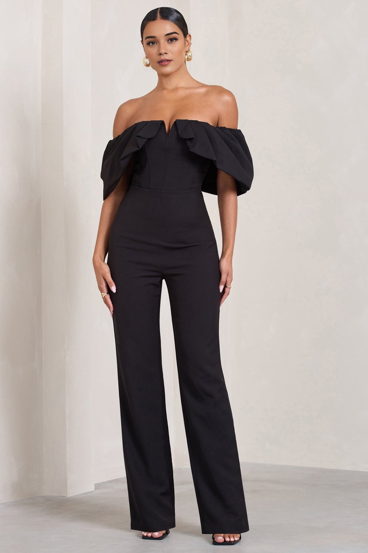 Black Off-The-Shoulder Wide-Leg Jumpsuit