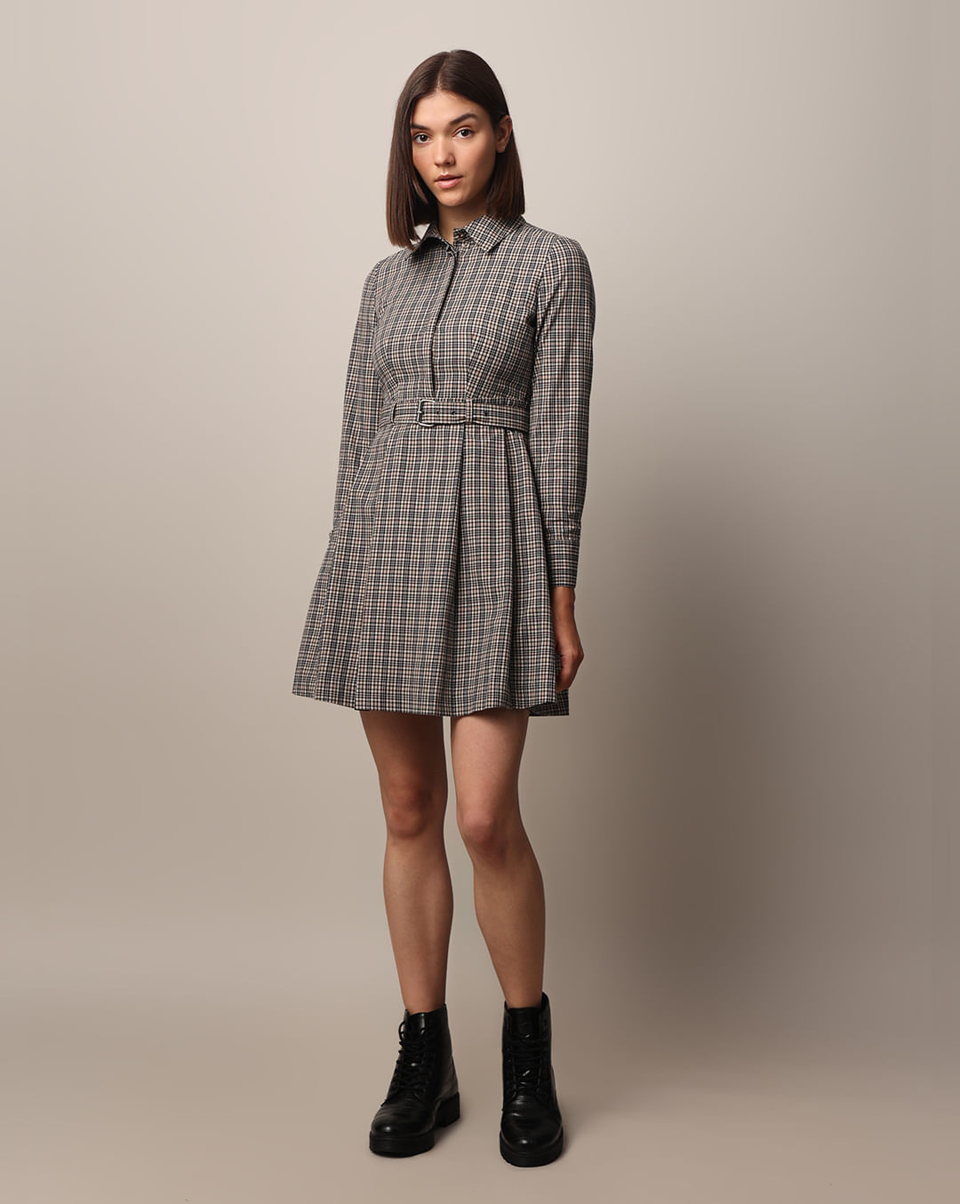 Charcoal Check Belted Shirt Dress