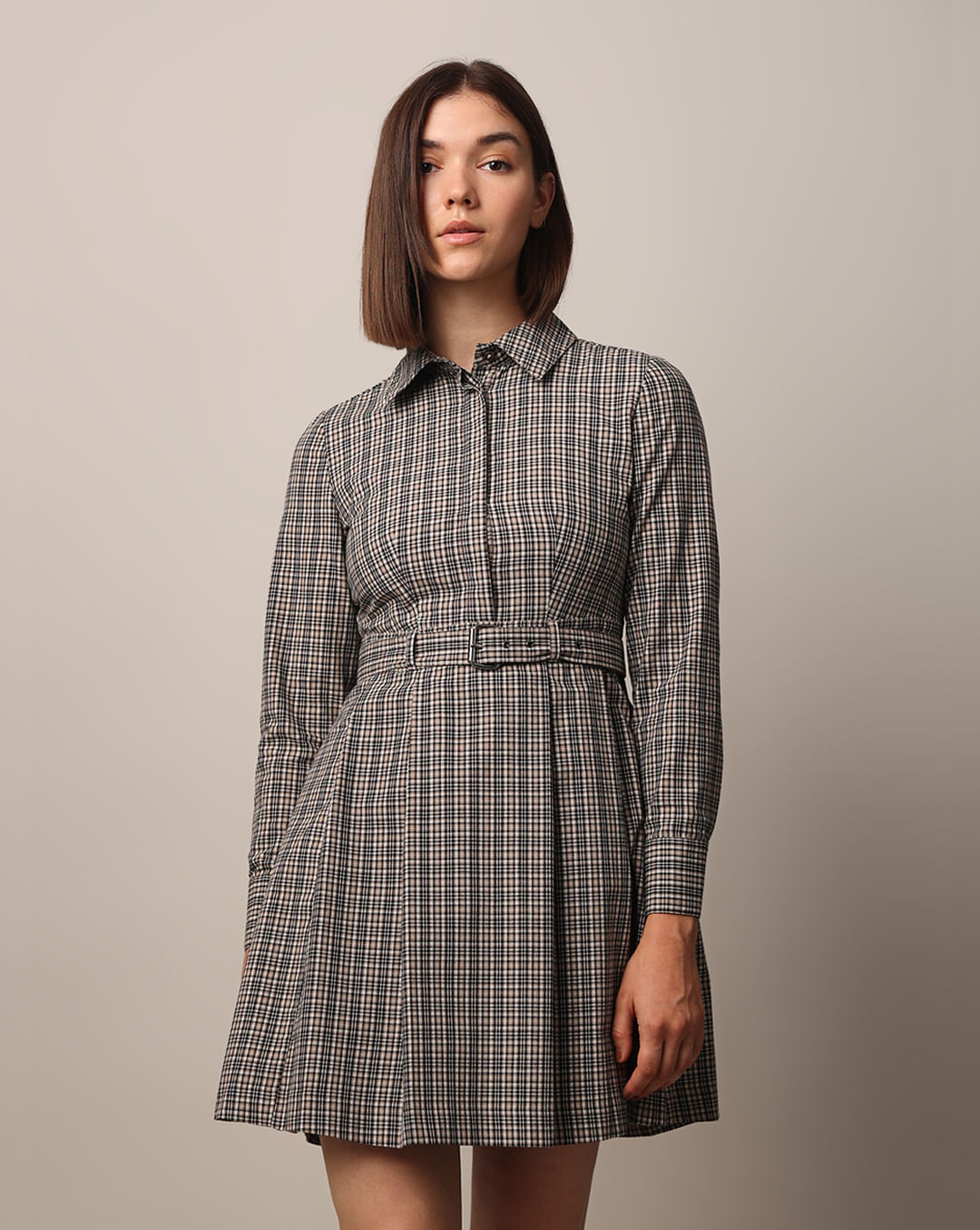 Charcoal Check Belted Shirt Dress