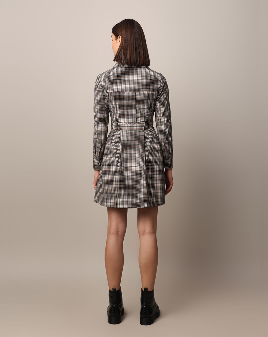 Charcoal Check Belted Shirt Dress