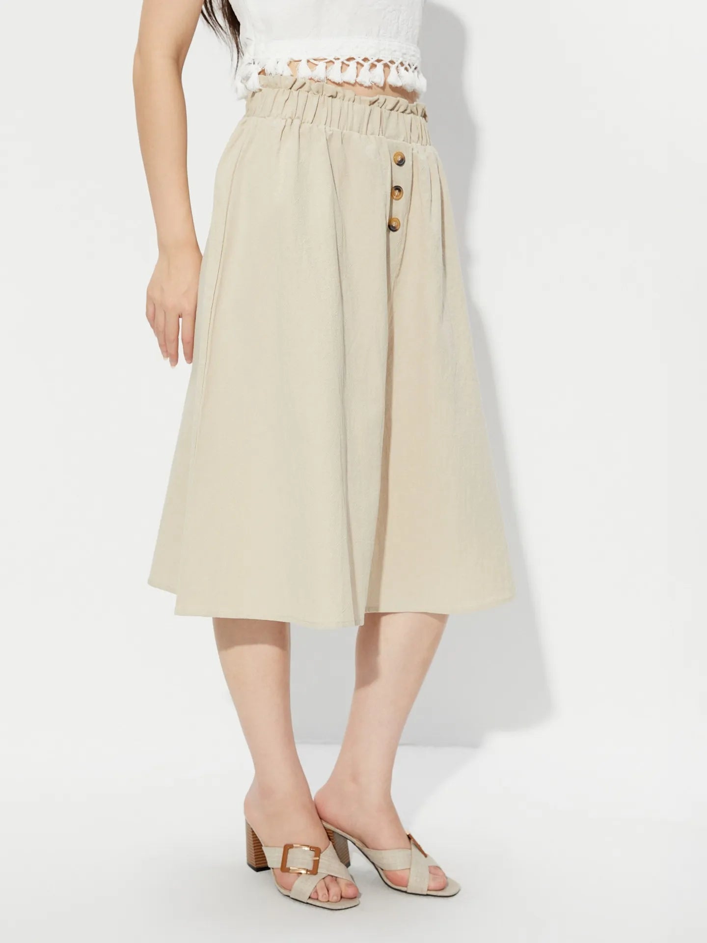 Button Detail Cream A-Line Skirt