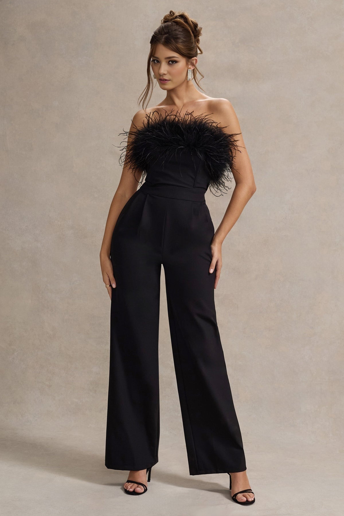 Black Feather Strapless Wide-Leg Jumpsuit