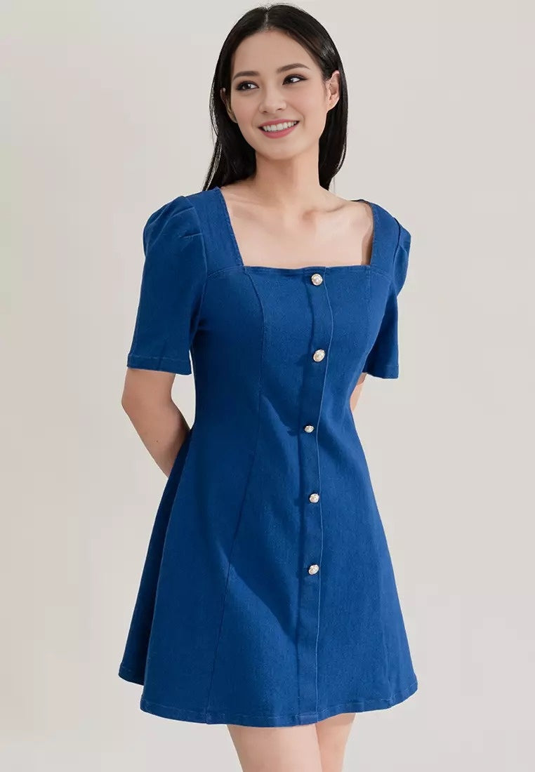 Blue Square Neck Mini Dress