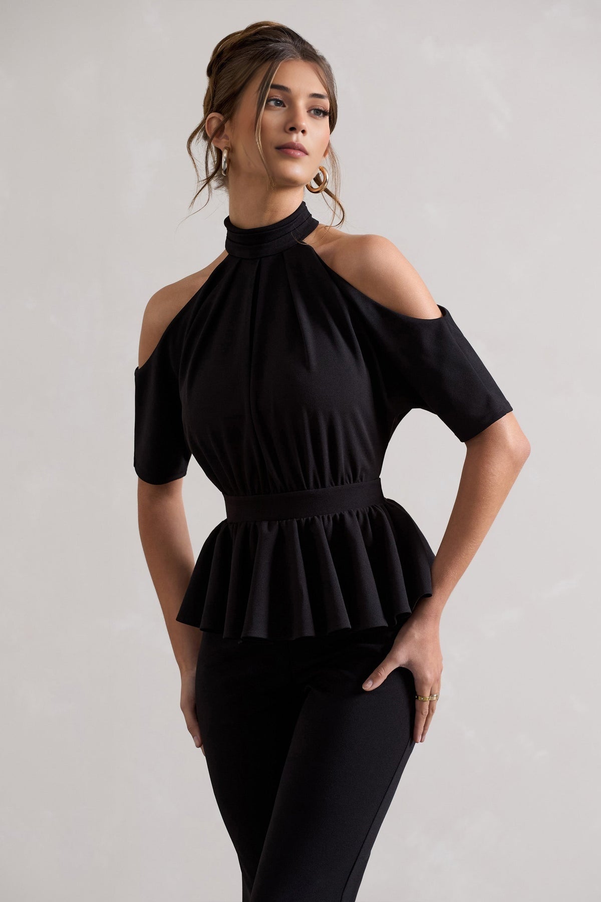 Black High-Neck Jumpsuit with Cut-Out and Peplum Waist