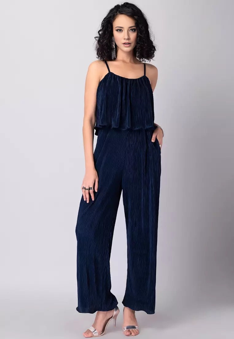 Midnight Blue Strappy Pleat Jumpsuit