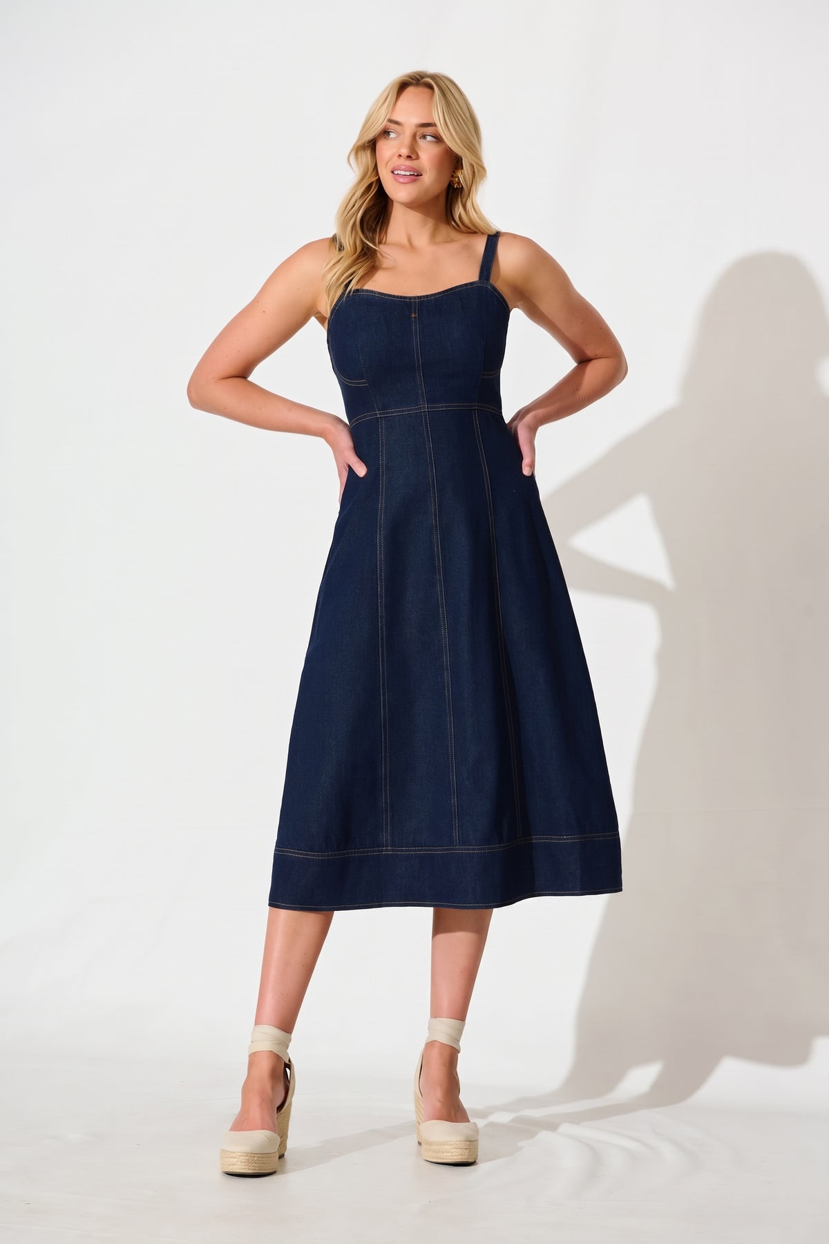 Dark Blue Denim Midi Sun Dress by Felina