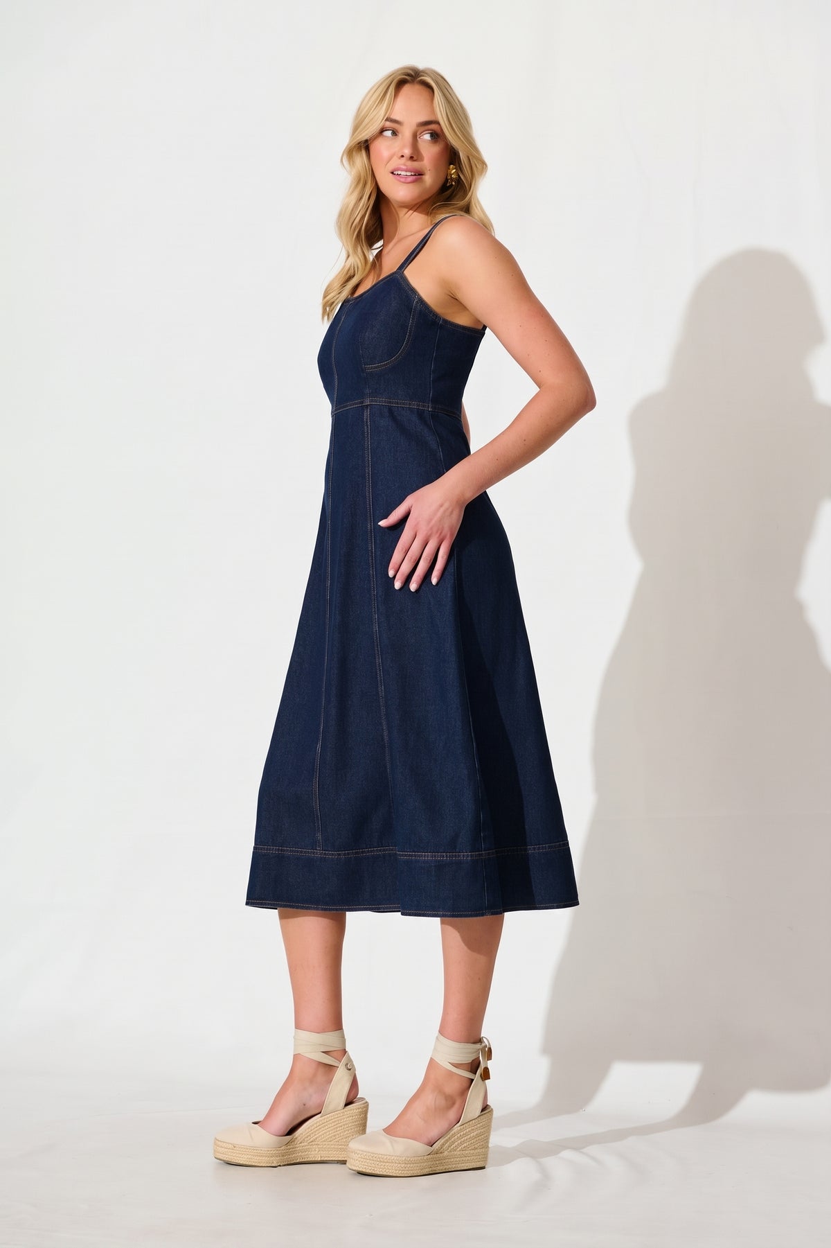 Dark Blue Denim Midi Sun Dress by Felina