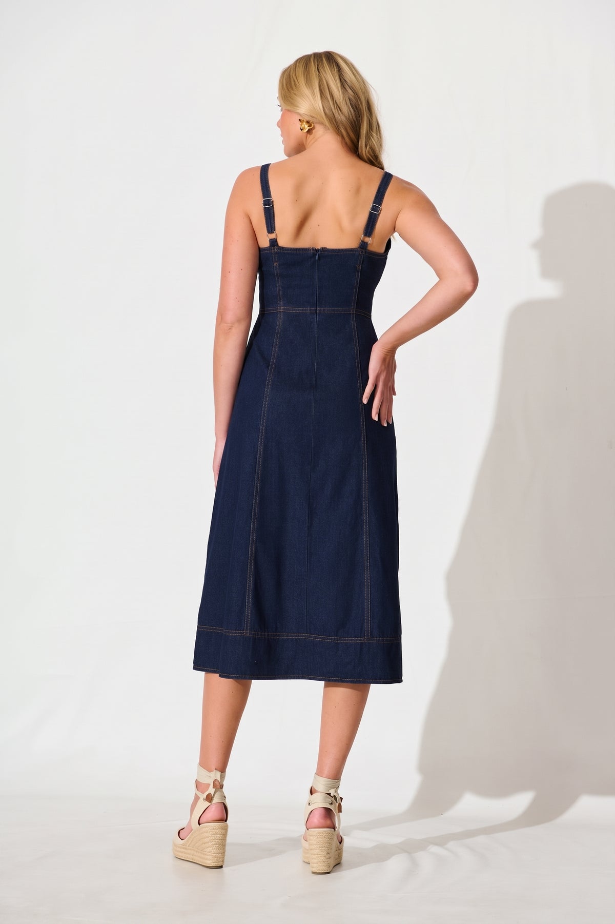 Dark Blue Denim Midi Sun Dress by Felina