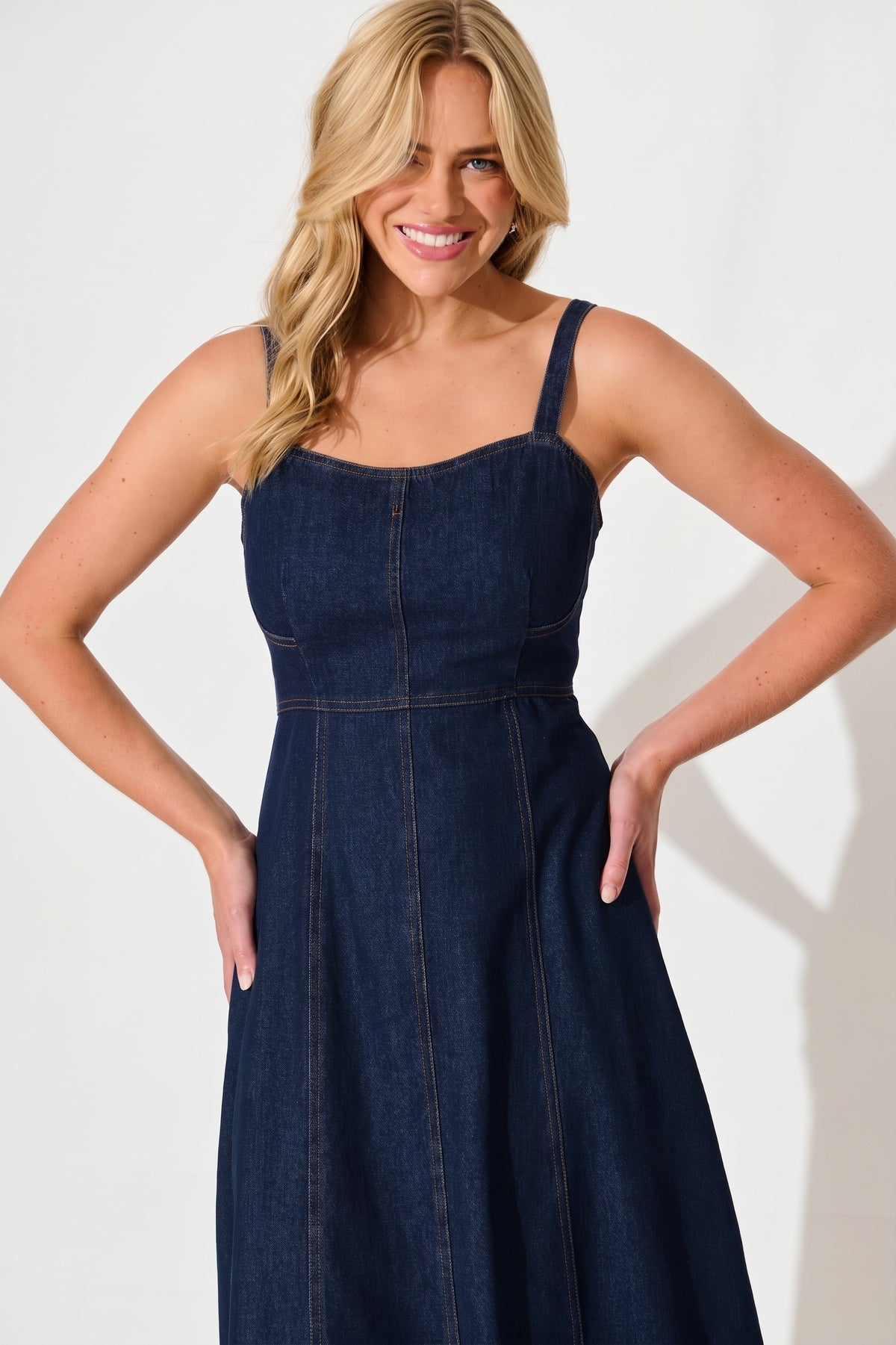 Dark Blue Denim Midi Sun Dress by Felina