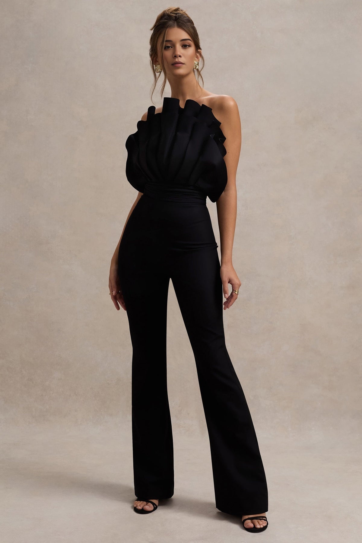 Black Ruffled Strapless Bell-Bottom Jumpsuit