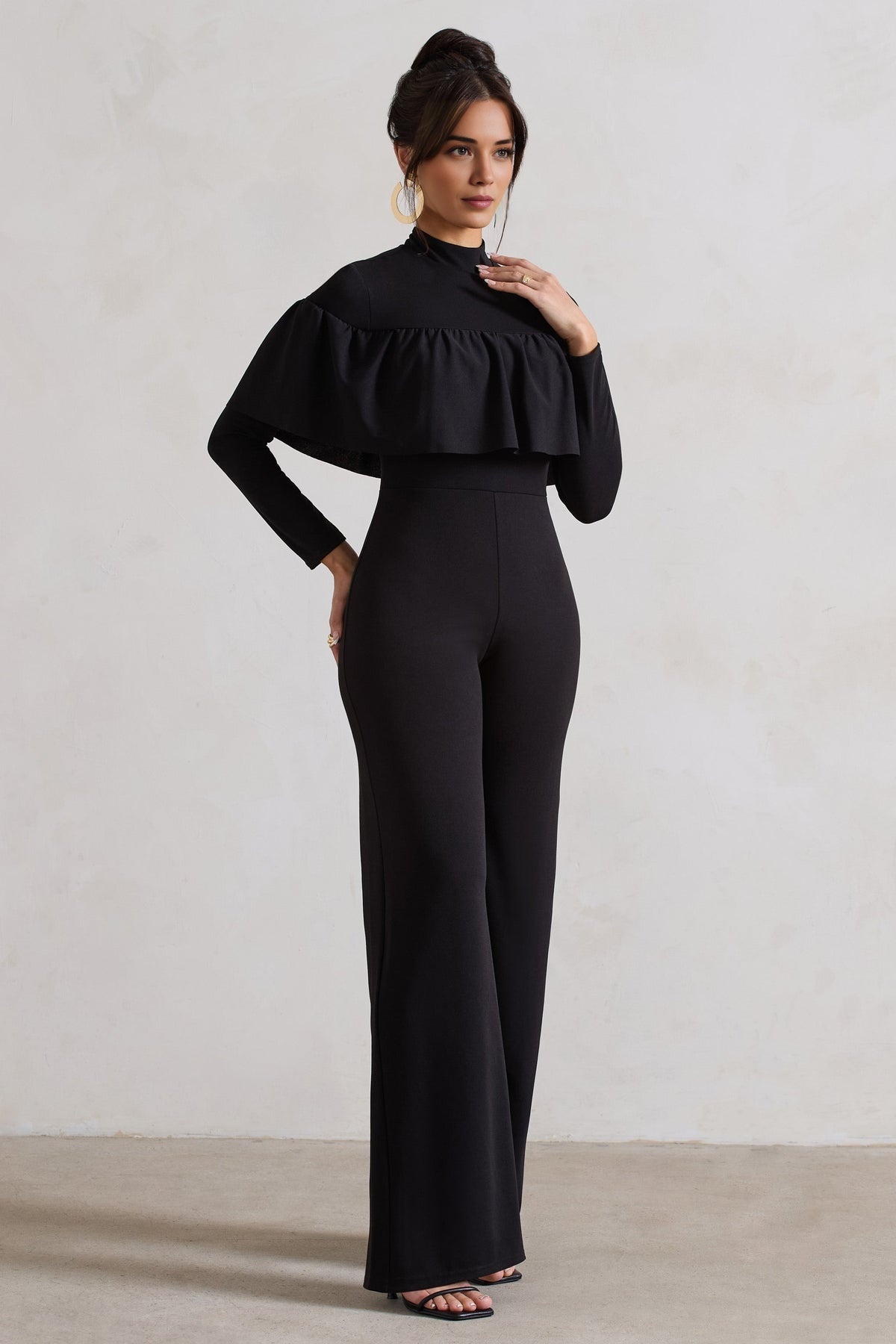 Black High-Neck Straight-Leg Jumpsuit with Ruffles