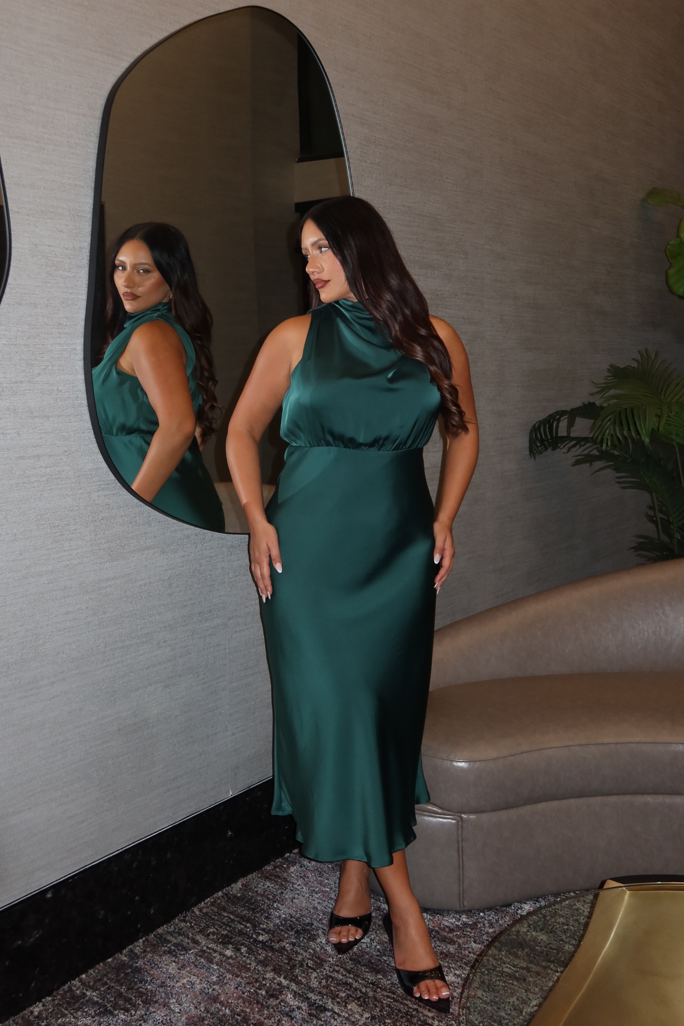 Emerald Satin Vision of Love Midi Dress