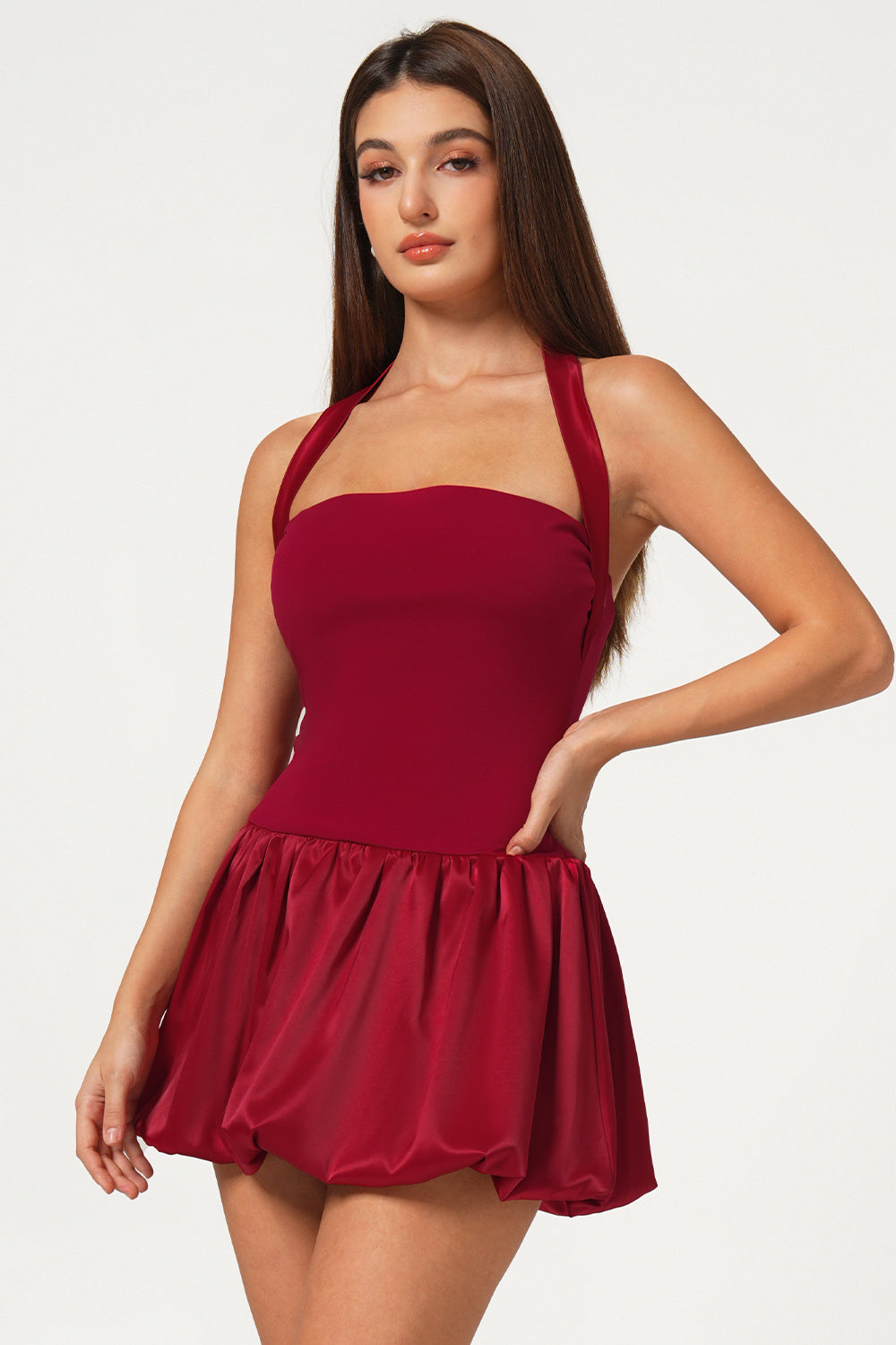 Red Satin Lace-Up Bubble Hem Mini Dress