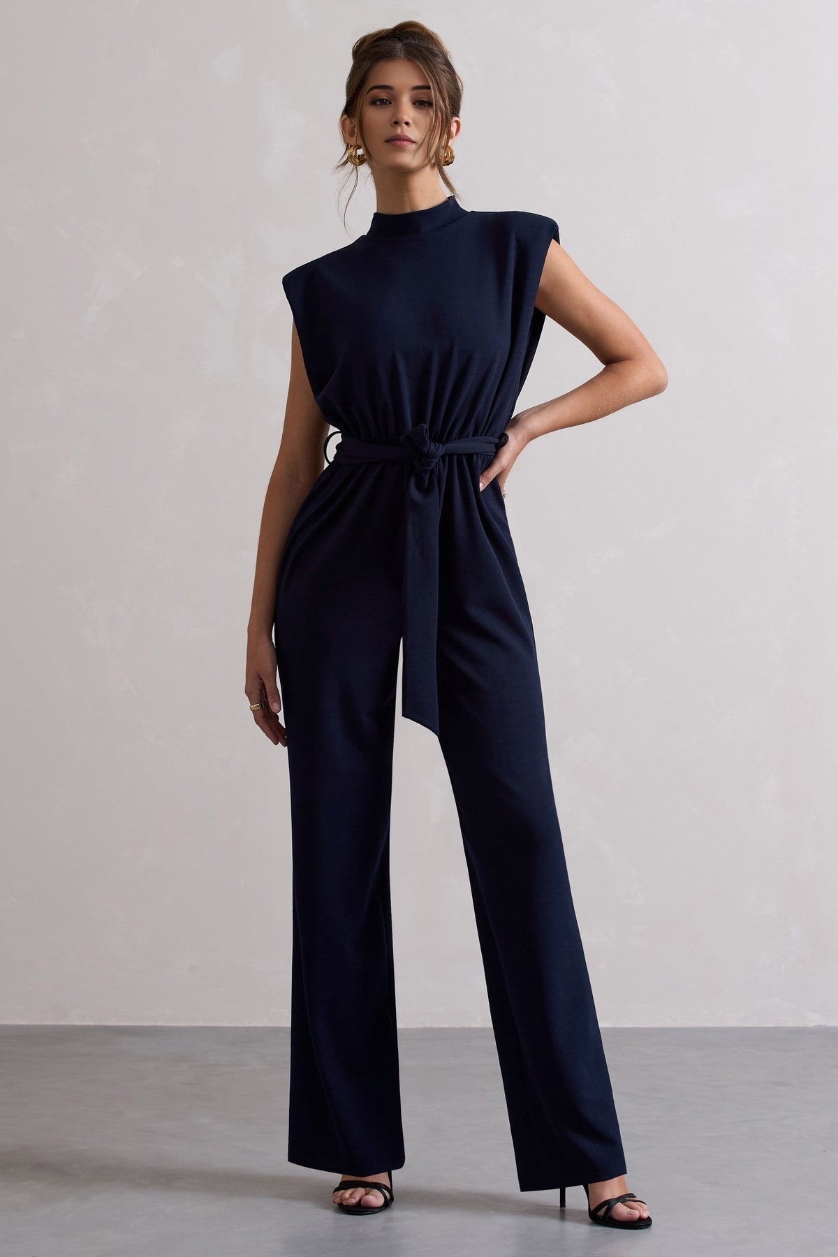 Navy High-Neck Wide-Leg Jumpsuit with Belted Waist