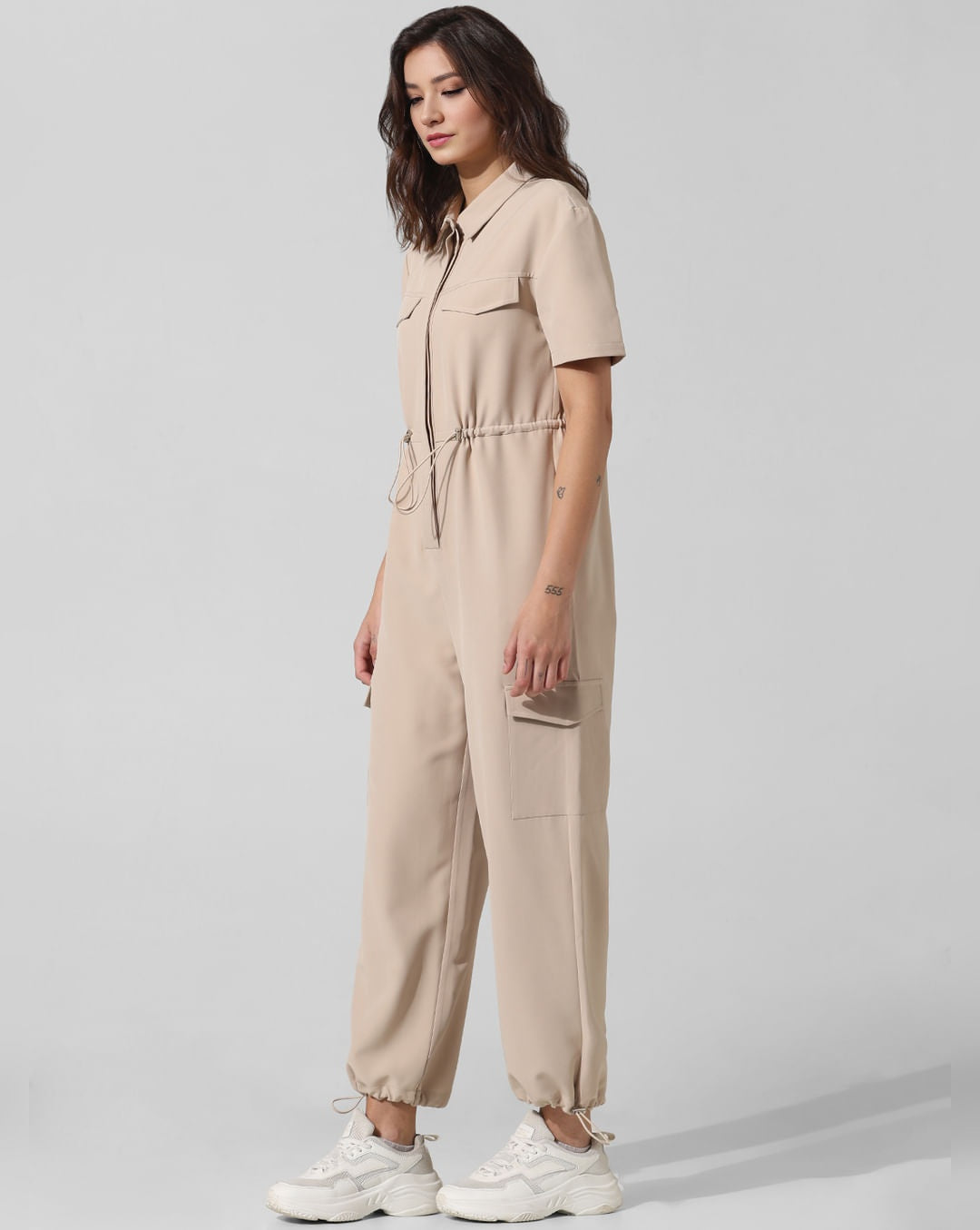 Beige Utility-Inspired Cargo Jumpsuit