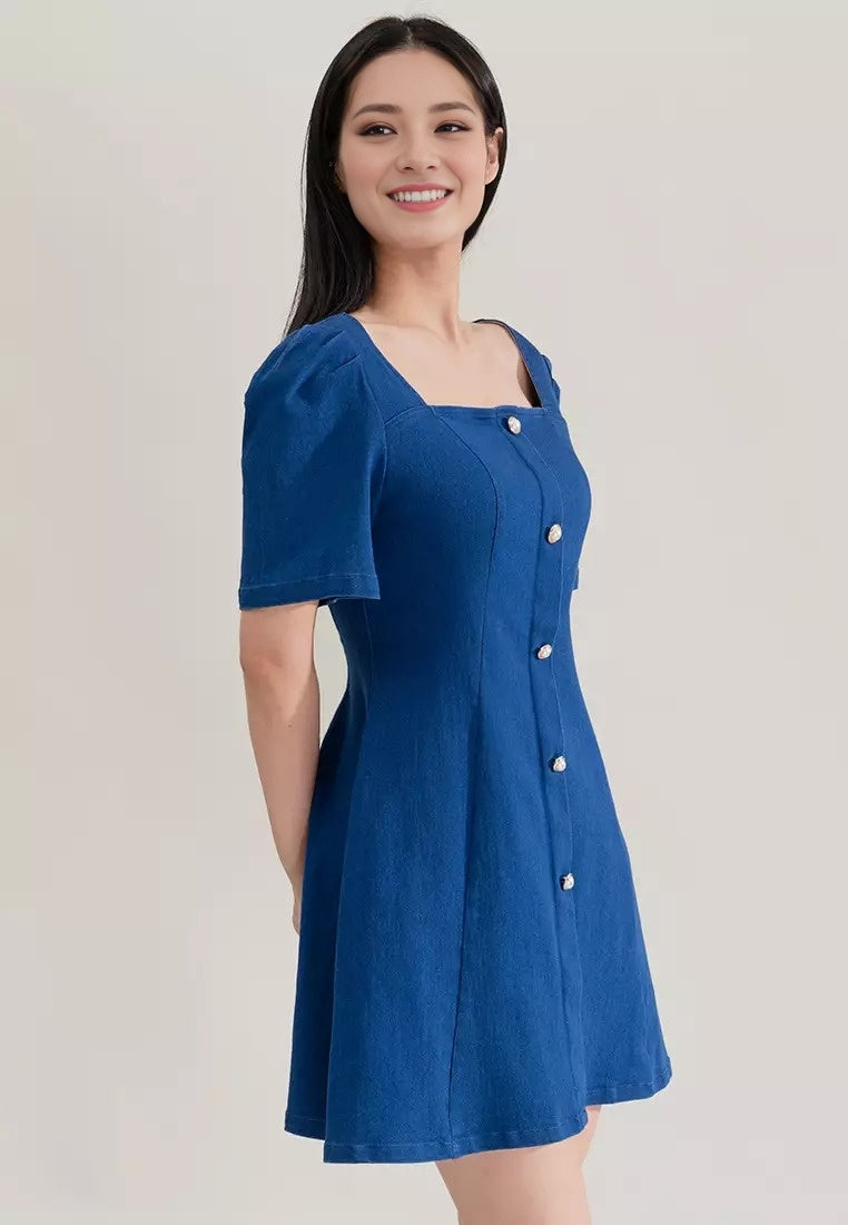 Blue Square Neck Mini Dress