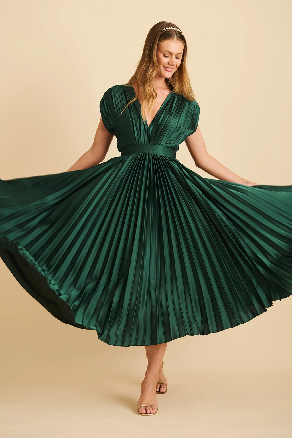 Pleated Emerald Satin Midi Dress